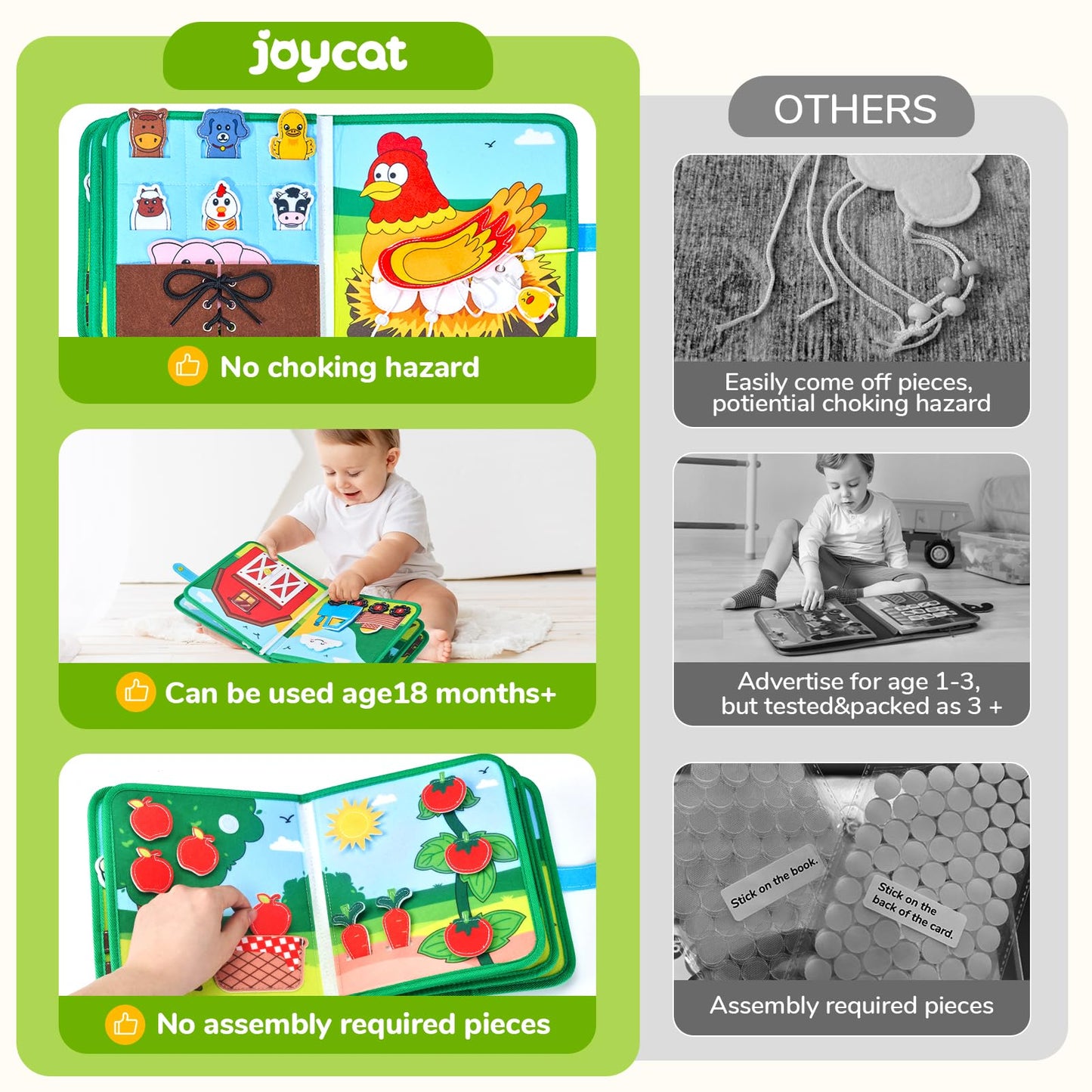 JoyCat Farm Busy Book for Toddlers 1–3 – Quiet Montessori Activity Book with 15 Daily Life Activities, Screen-Free Travel Toy for Toddlers, Easter Basket Stuffers Gifts Kids
