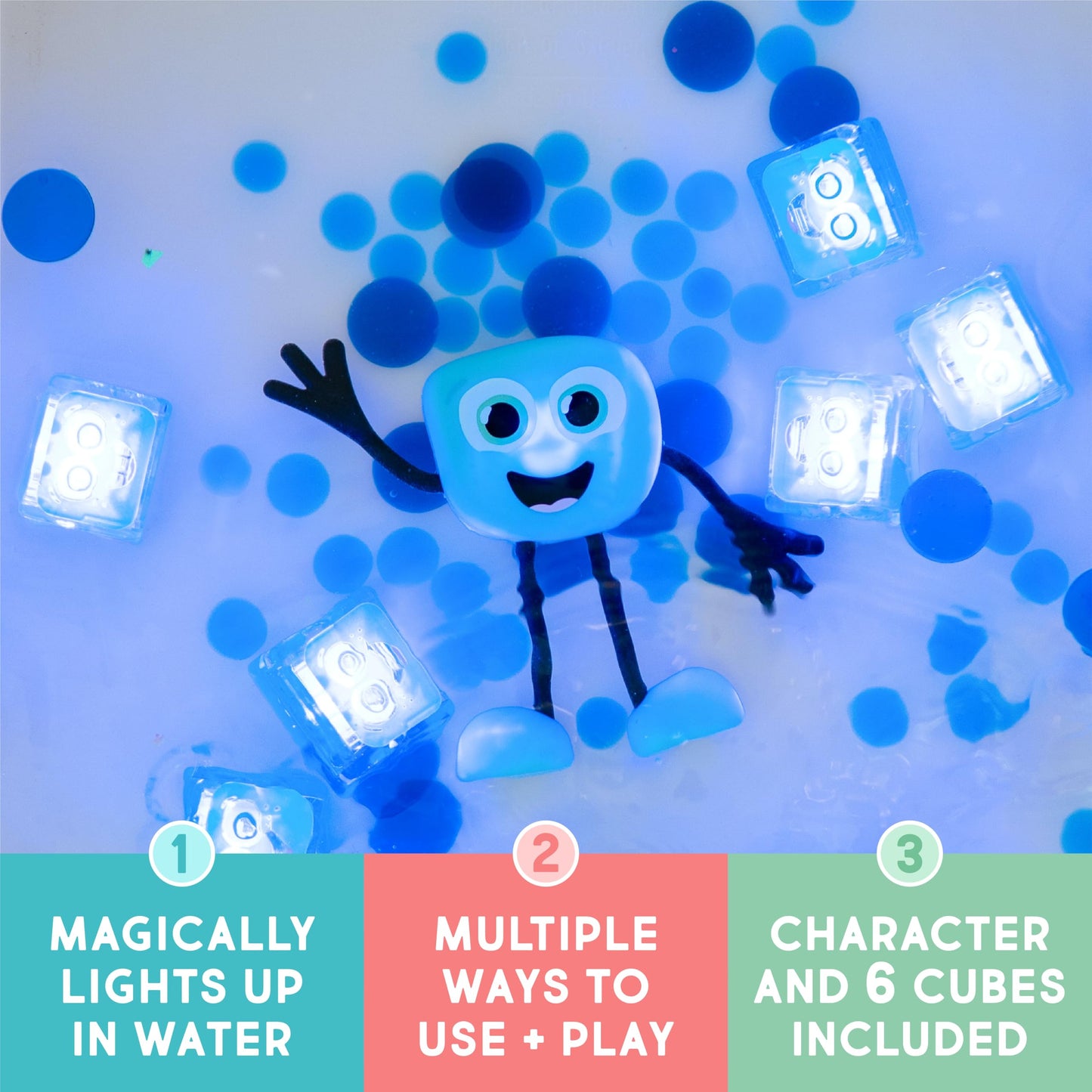 Glo Pals Water Activated Light-Up Sensory Bath Toy Character and Cubes for Bathtime and Sensory Play, Character and Pack of 6 Cubes, Blair