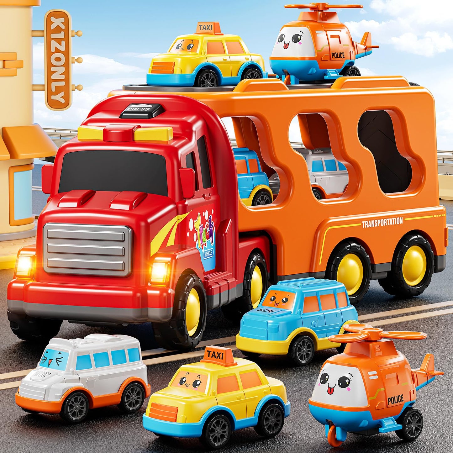 KIZONLY Trucks for Toddlers 3-4 Years, Toys for 3 4 5 6 7 Years Old Boy, 5 in 1 Carrier Transport Truck Vehicle Toy Set with Sound and Light, Christmas Birthday Gift for Kids 3 4 5 6 Years Old
