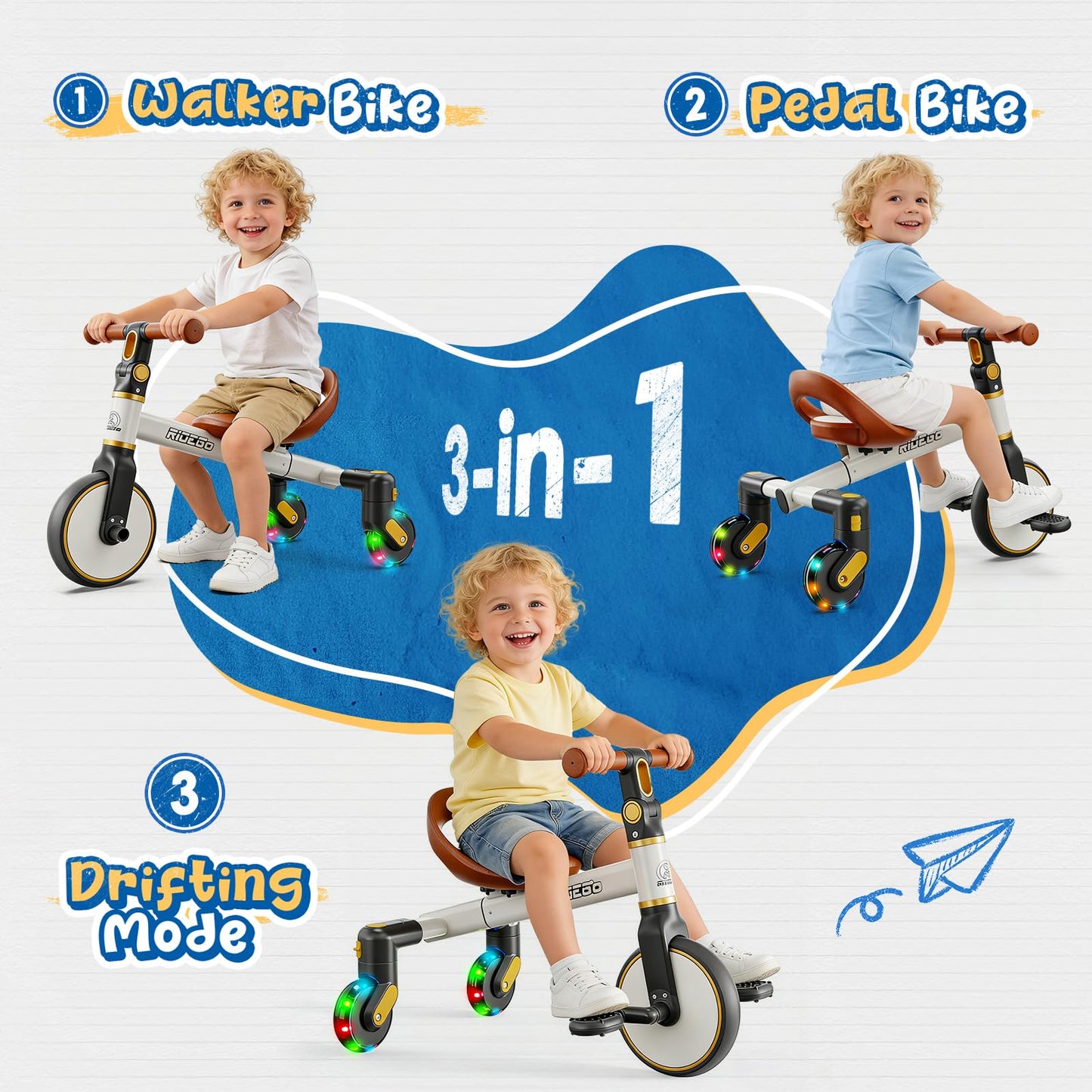 Ridego 3-in-1 Toddler Tricycle for 2-5 Years, Drift Trike with 360° Spin, Light Up Wheels, Adjustable Seat, Toddler Bike for Boys Girls