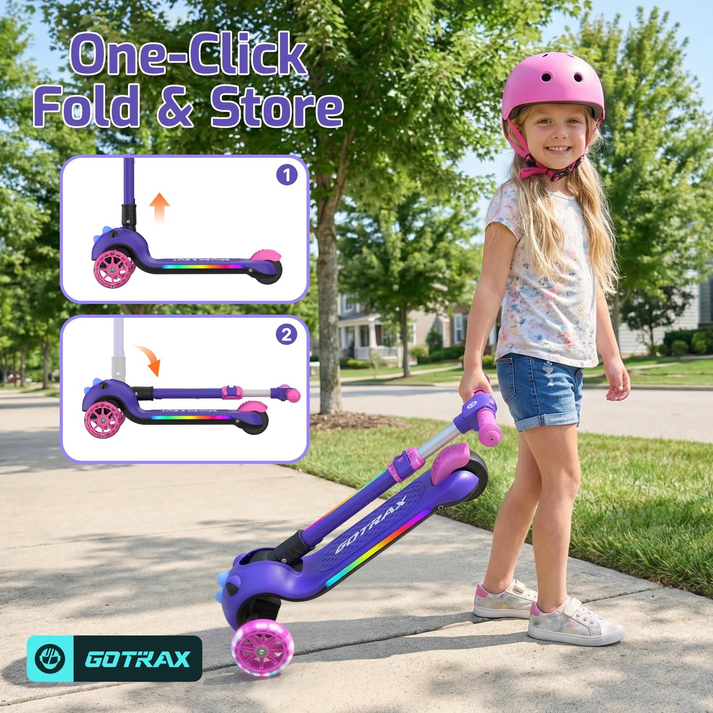 Gotrax SK1 Foldable Electric Scooter for Kids 4+, Full Body LED Light, 90min Riding & 5Mph Speed, Push-Button Throttle&Battery Indicator, 6'' Wheel&3 Adjustable Height, 3 Wheel Escooter, Gift, Purple
