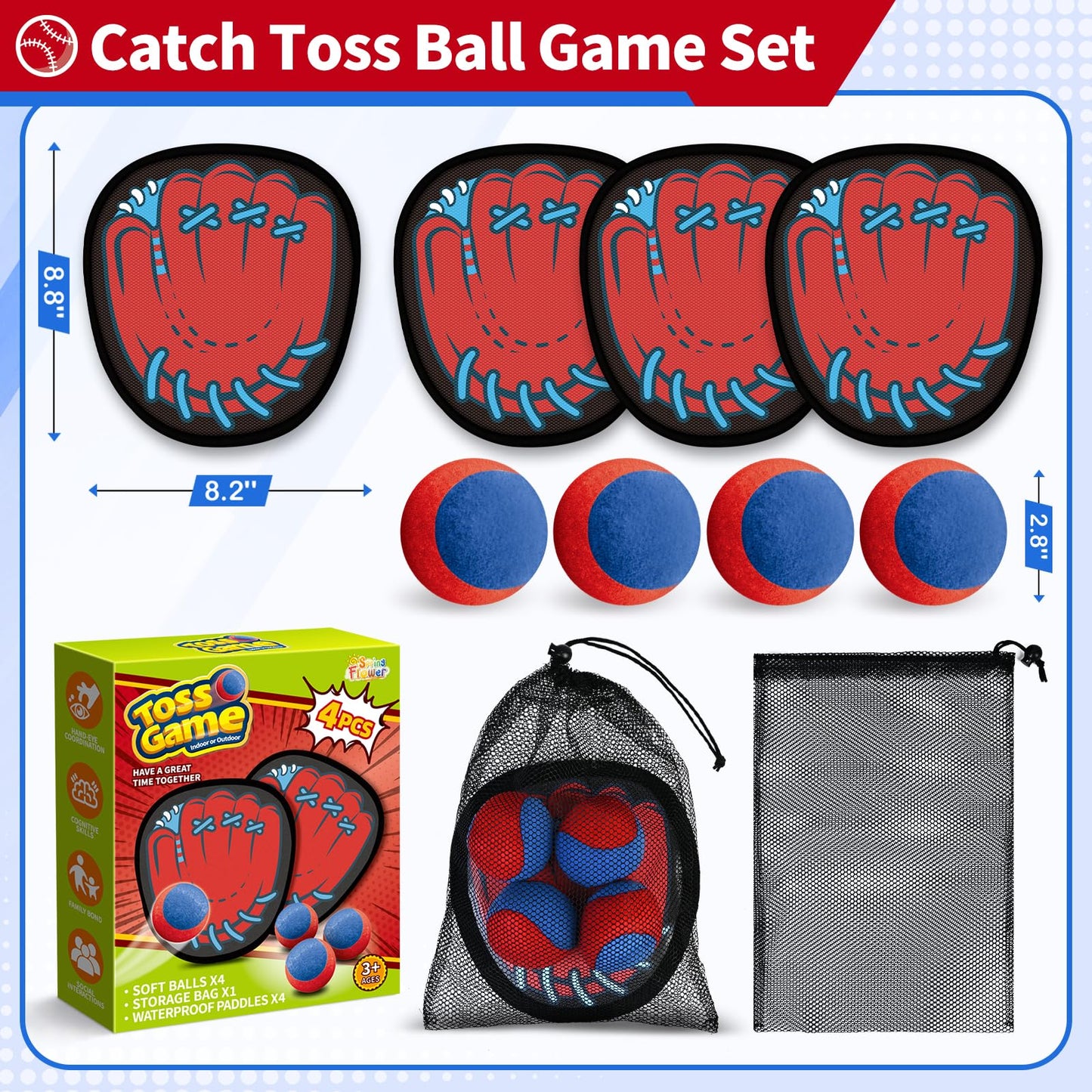 SpringFlower 4 Pack Catch and Toss Game, Toddler Catch Ball Game Set, Kids Baseball Beach Outdoor Pool Game Toy for Kids, Boys & Girls Toy for Kids Toddlers, Fun Idea Gift