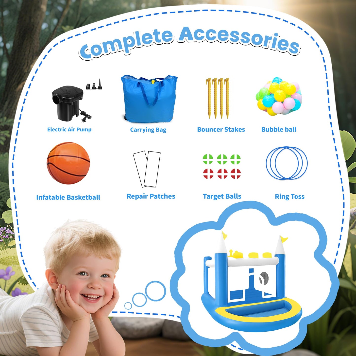 Ytonisld Mini Inflatable Bounce House with Ball Pit, 5 in 1 PVC Kids Bouncy Castle with Electric Air Pump, Small Crown Jump House for Kids Ages 3-8, Toddlers Playhouse Bouncer, Indoor/Outdoor