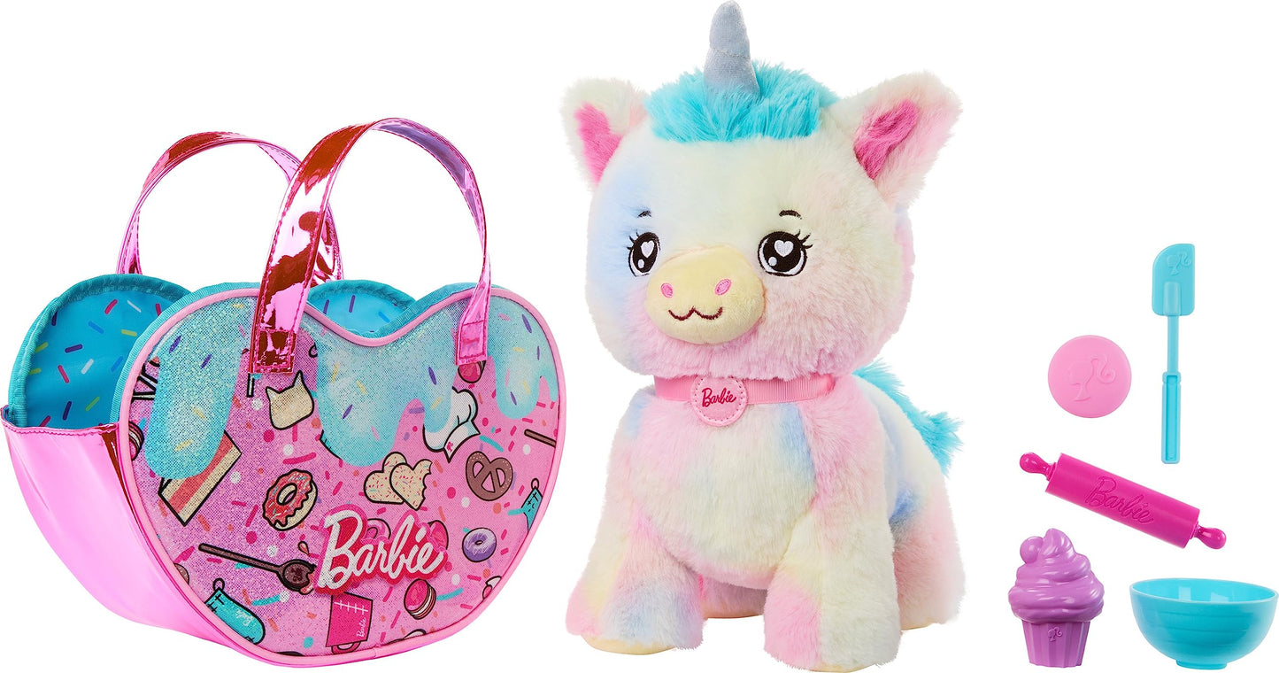 Barbie Stuffed Animals, Unicorn Toys, Plush Unicorn with Dessert-Themed Purse Playset and 5 Accessories, Chef Pet Adventure