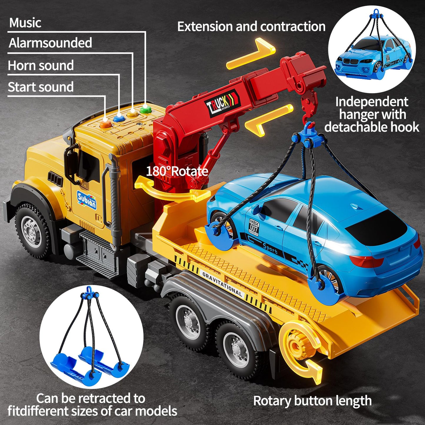 NIPLOOOW Kids Toys for 3 4 5 6 7 Years Old Boys, Tow Truck Toy,Friction Powered Transport Truck Crane Vehicle Toy with Lights and Sounds,Birthday Gifts for Boys Girls