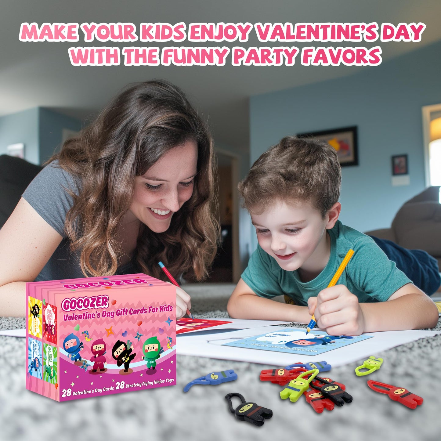 Valentines Day Gifts for Kids Classroom, 28 Pack Ninja Valentines Day Cards with Stretchy Flying Elastic Slingshot Ninja Toys, Sticky Hands for Kids Valentines Exchange Gifts School for Boys & Girls