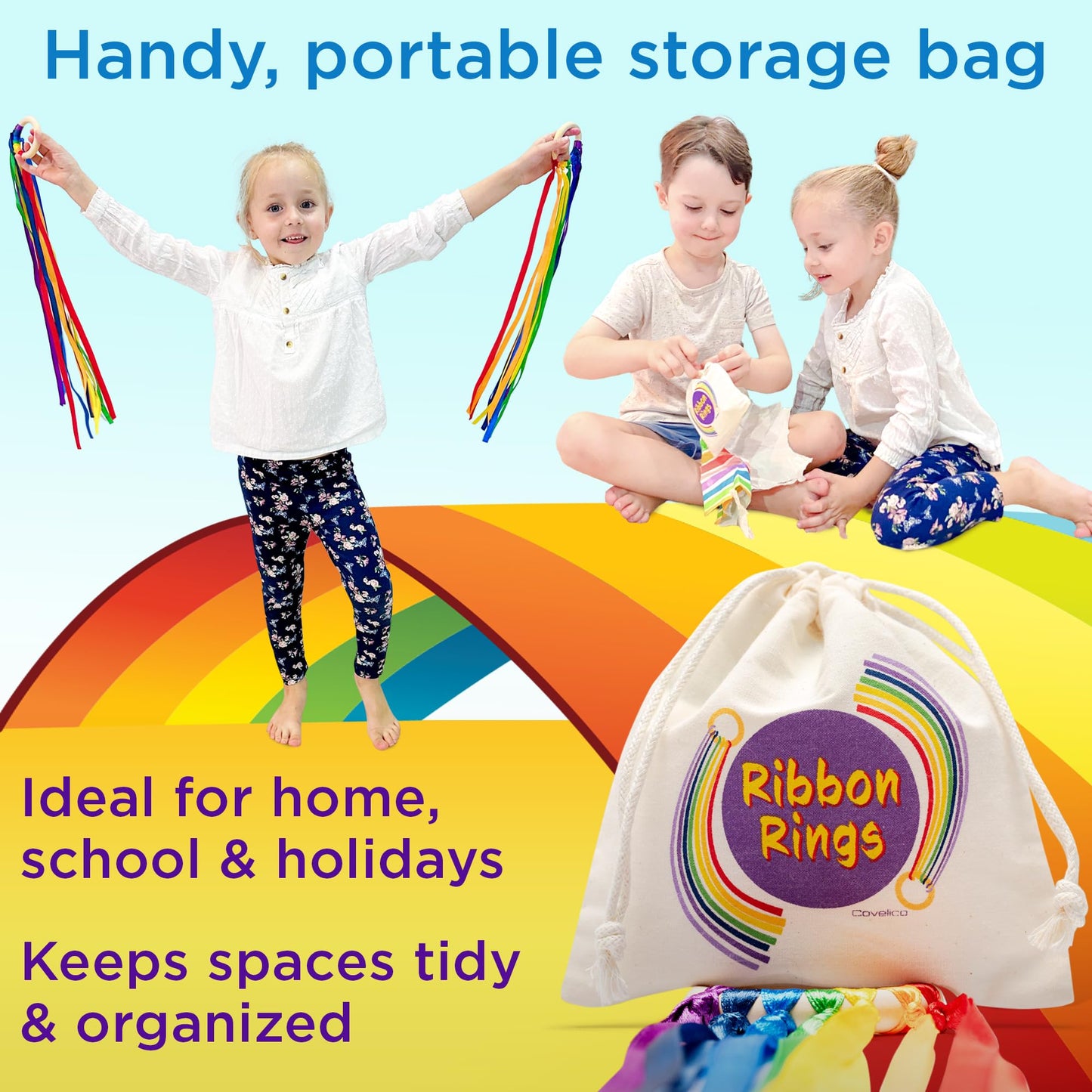 Covelico Rainbow Hand Ribbon Kite, 2 x Montessori Inspired Ribbon Toy, Each Wooden Rings with 7 Bright Rainbow Streamers, Waldorf Sensory String Toys for Kids & Gymnastics Dance Ribbons for Toddlers