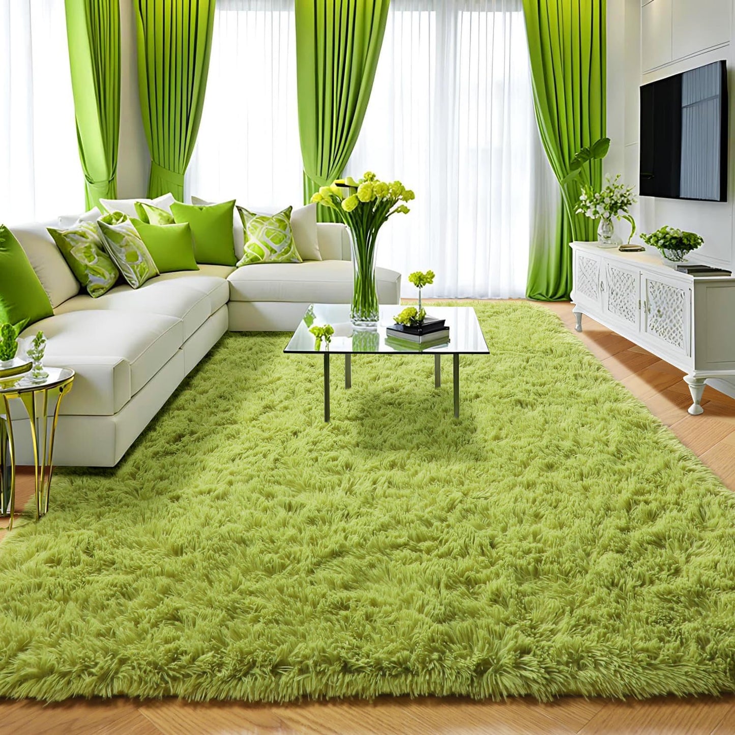 Amdrebio Grass Green Rugs for Living Room Bedroom Decor Aesthetic, 9x12 Large Fluffy Shag Area Rug for Kids Room Baby Nursery Teen Girls Boys, Cool Fuzzy Plush Cute Moss Carpet for Classroom Playroom