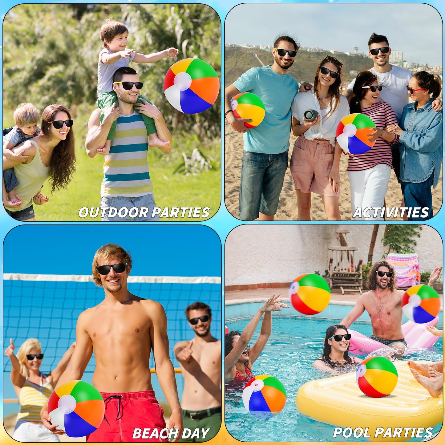 Oleitodh 72 Pcs Sunglasses Beach Balls Party Favors 12 Inch Inflatable Pool Beach Balls Bulk for Kids Adults Rainbow Pool Balls Park Backyard Summer Water Fun Birthday Parties Supplies