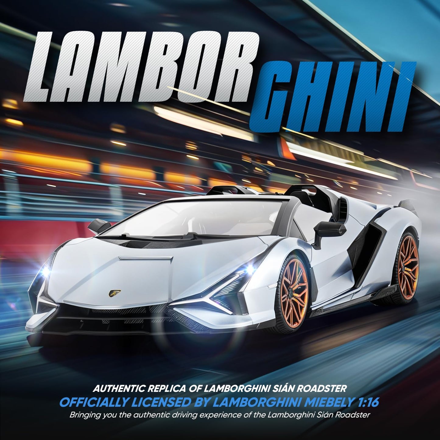 MIEBELY Lamborghini Remote Control Car, 1:16 Scale Lambo Toy Car 7.4V 500mAh Officially Licensed 12Km/h Rc Cars with Led Light 2.4Ghz Model Car for Adults Boys Girls Birthday Ideas Gift (Light Blue)