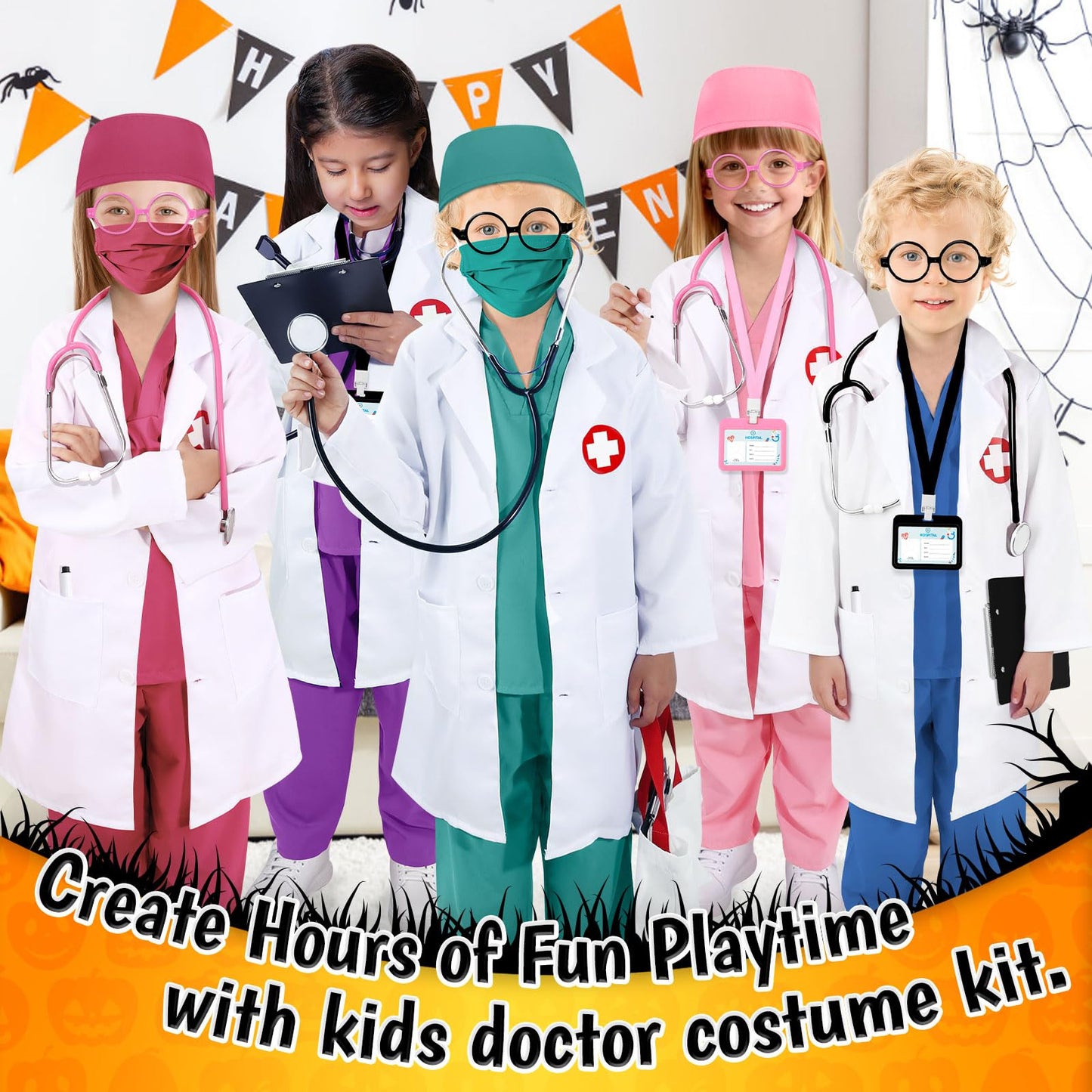 Boutrele 12 PCS Doctor Costume for Kids,Scrubs with Lab Coat/Nurse Costume Kids Set,Girls Boys Doctor Career Day Costumes(Pink, 4-5 Years)