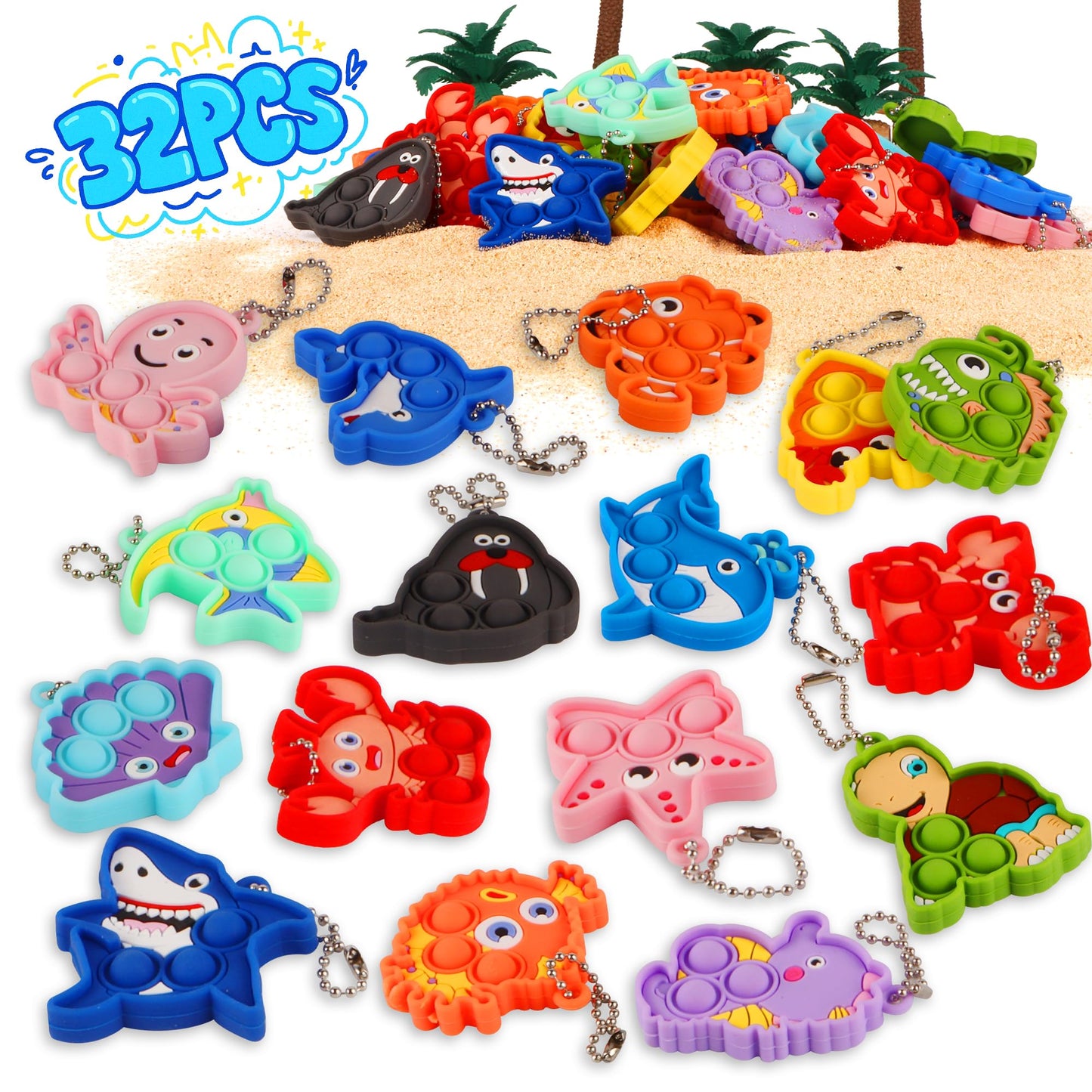 Ksmky 32PCS Sea Animal Pop Fidget Toys Bulk, Mini Pop Keychain,Party Favors for Kids, Goodie Bag Stuffers,Classroom Prizes,Treasure Box Toys
