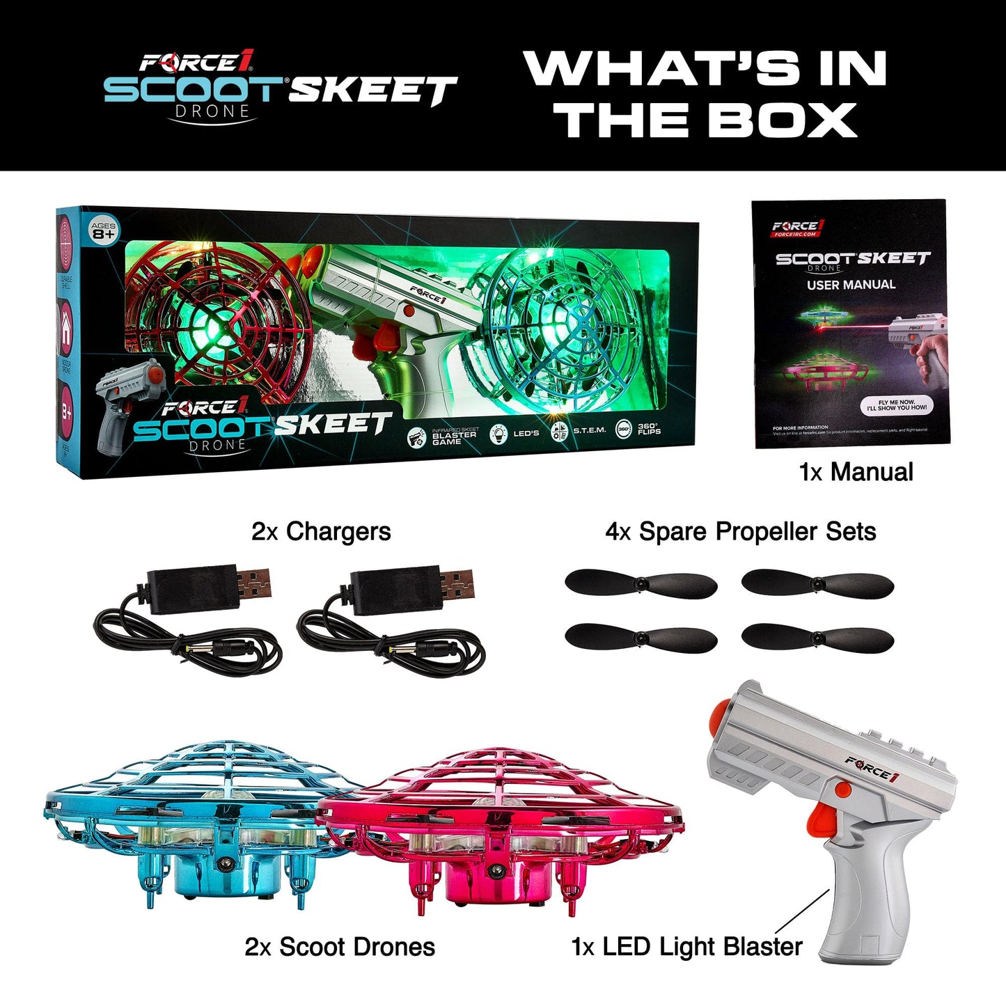 Force1 Scoot Skeet 3pk Mini Drone Electronic Shooting Game for Kids and Adults- 2 Hand Drones for Kids with LED Toy Gun Set, Ultimate Electronic Target Games, Indoor Flying Orb Ball Toys (Pink/Blue)