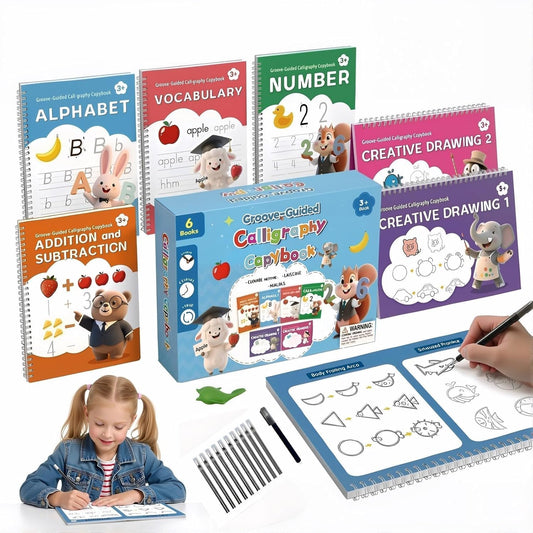 SYHHSEEG Magic Grooved Writing Practice Books for Kids 3-8, Reusable Groove Handwriting Tracing Books with Disappearing Ink, Preschool Kindergarten Homeschool Classroom Supplies (6 PACK)