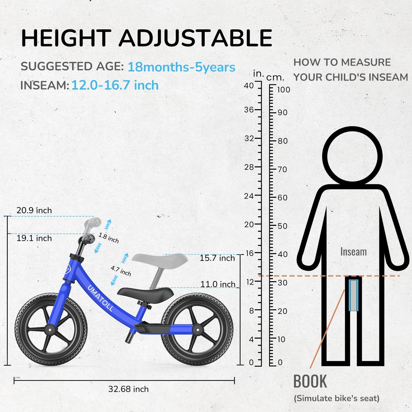 Umatoll Toddler Balance Bike 2 Year Old, Kids Bike Toy for 18 Months to 5 Years Old, Tool-Free Adjustment, Birthday Gifts for 2-3 Boys Girls, No Pedal (Blue)