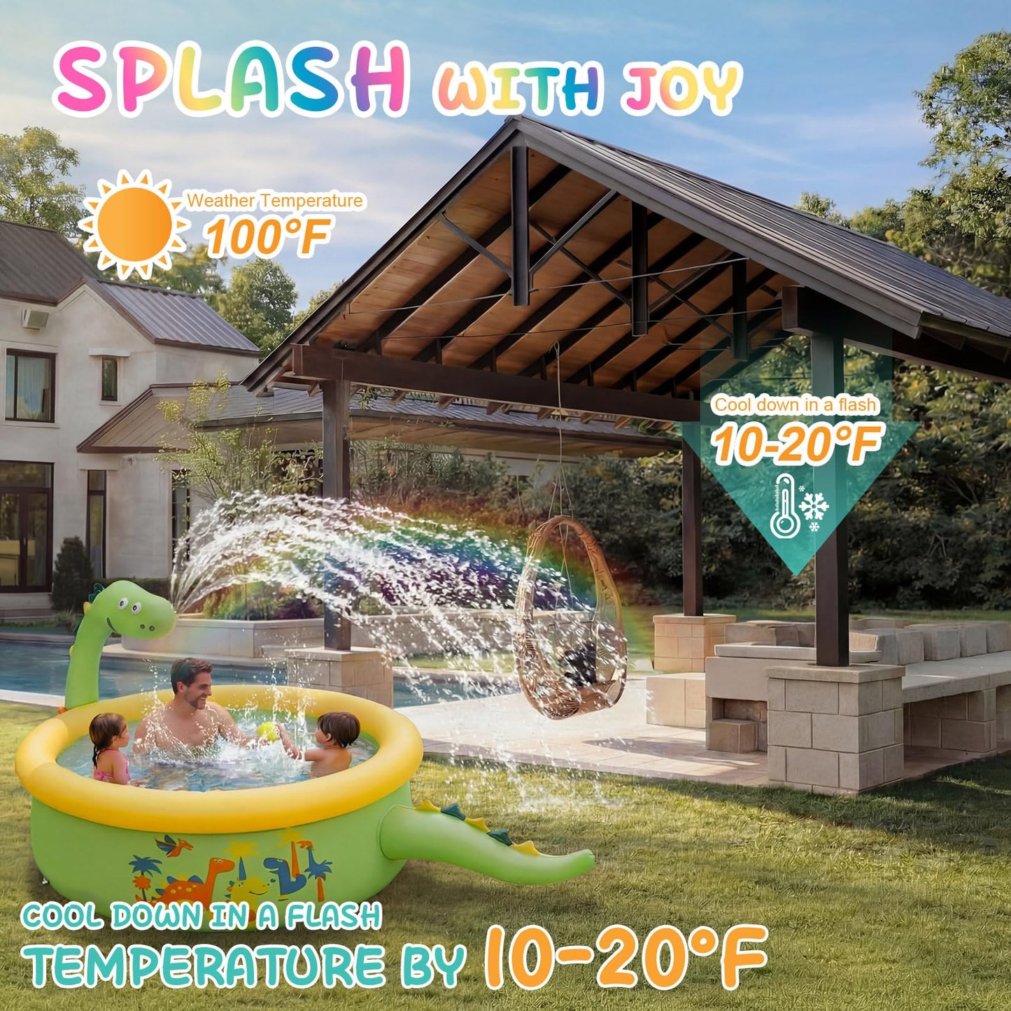 Tasdurian Dinosaur Inflatable Kiddie Pool Splash Pads for Toddlers Kids Splash Pads with Sprinkler Outdoor Blow up Mat Baby Dinosaur Play Swimming Pool for Backyard Garden, 69 x 24 in