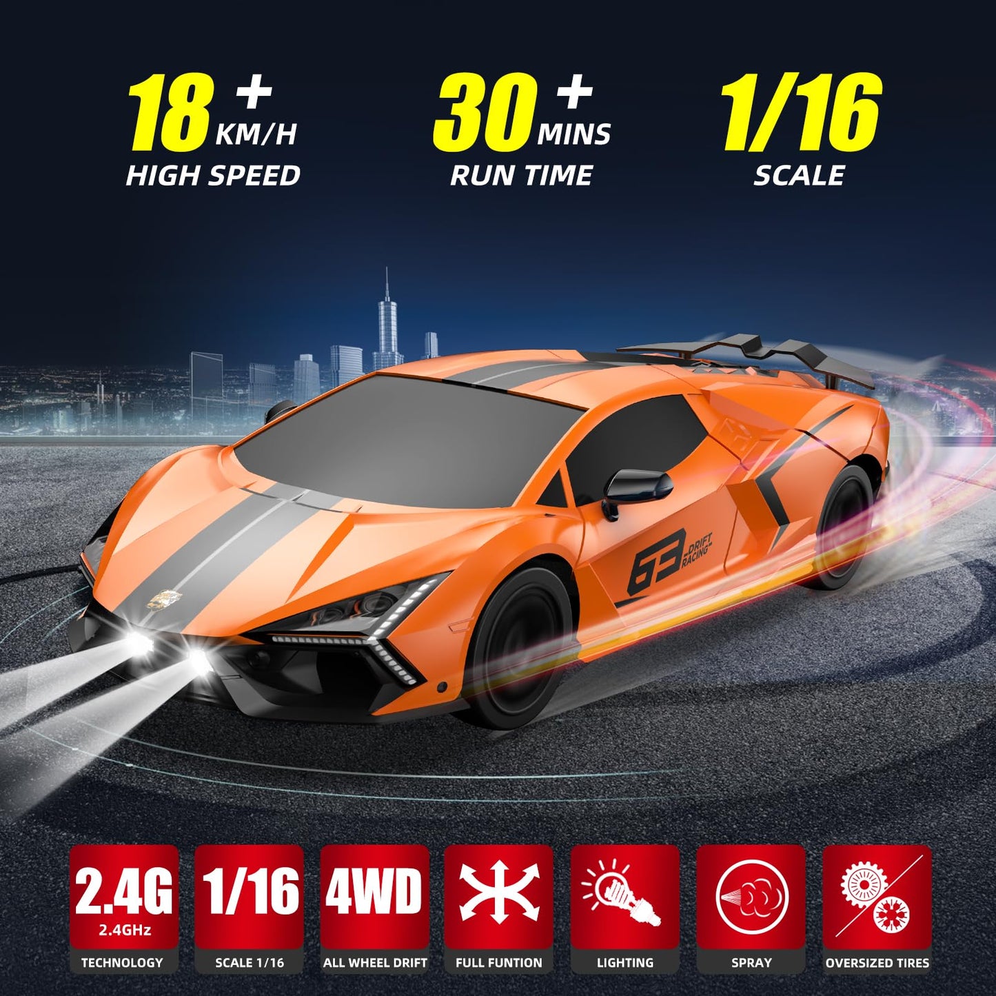 Sakeye RC Drift Car, Drifting RC Car 2.4GHz 1:16 Remote Control Cars 4WD High Speed Racing Vehicle with LED Lights Two Batteries and Drifting Tires Sport Toy Cars for Adults Boys Girls Kids Orange
