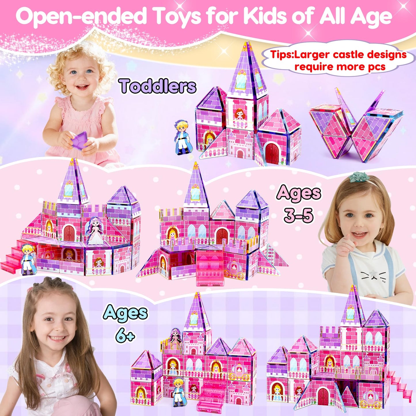 Tsomtto Magnetic Tiles for Girls - Princess Magnetic Blocks Building Toys for Kids Ages 3-5 4-8 Toddler STEM Educational Learning Sensory Toys for 3 4 5 6 7 8 9+ Year Old Boys Girls Birthday Gifts