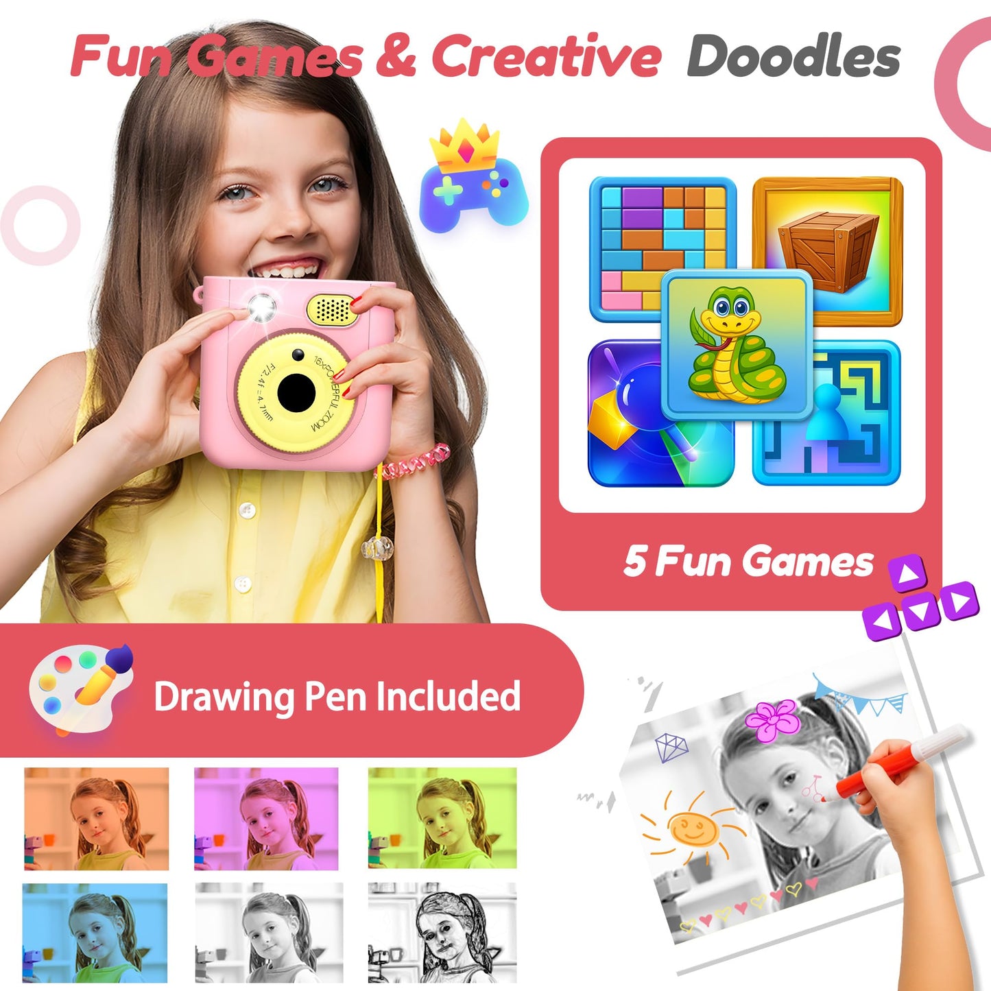 ROHSCE Instant Camera for Kids, Digital Print Camera 48MP 1080P, Color & B&W Printing, 2.4" Display, USB-C Rechargeable, 32GB Card, Christmas & Birthday Gifts for 3-12 Year Old Girls Boys (Pink)