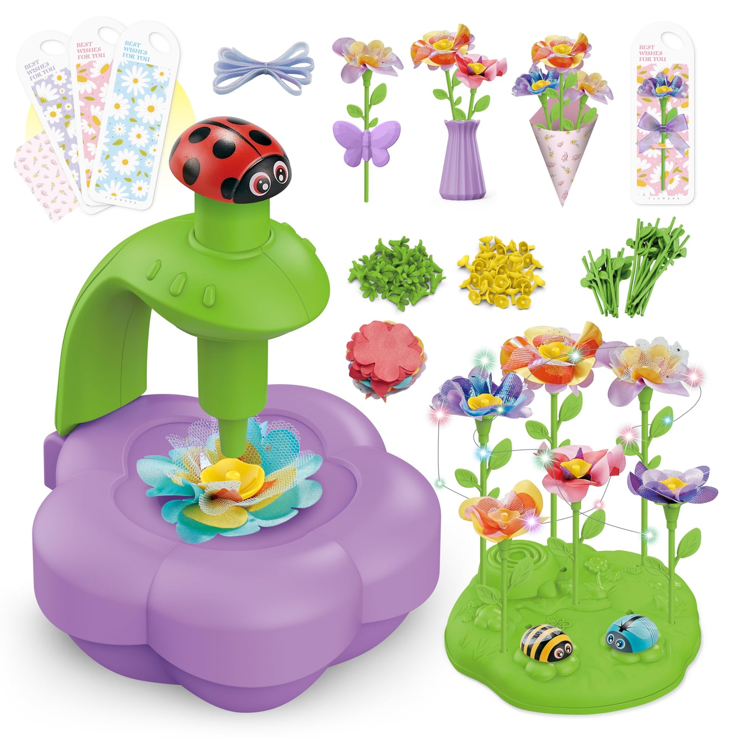Wiyeang DIY Fabric Flower Bouquet Kit for Girls,Arts and Crafts for Kids Ages 6-12,Birthday Gifts Ideas for Girl 6 7 8 9 10 11 Year Old-Light and Music Flowers Market Toy