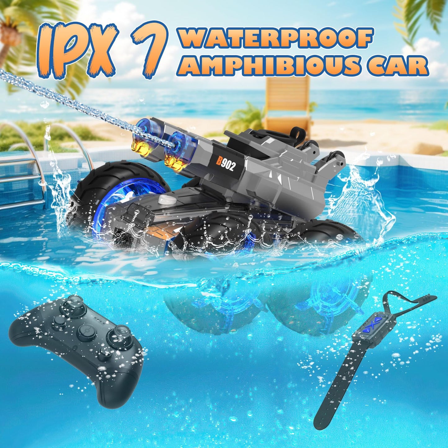 Amphibious Remote Control Car with Water Gun,Waterproof Monster Truck Rc Boat Water Tank Swimming Pool Toys,Gesture Sensing RC Stunt Cars,Birthday Gifts for Boys Girls Teens 8 9 10 11 12 13+ yrs