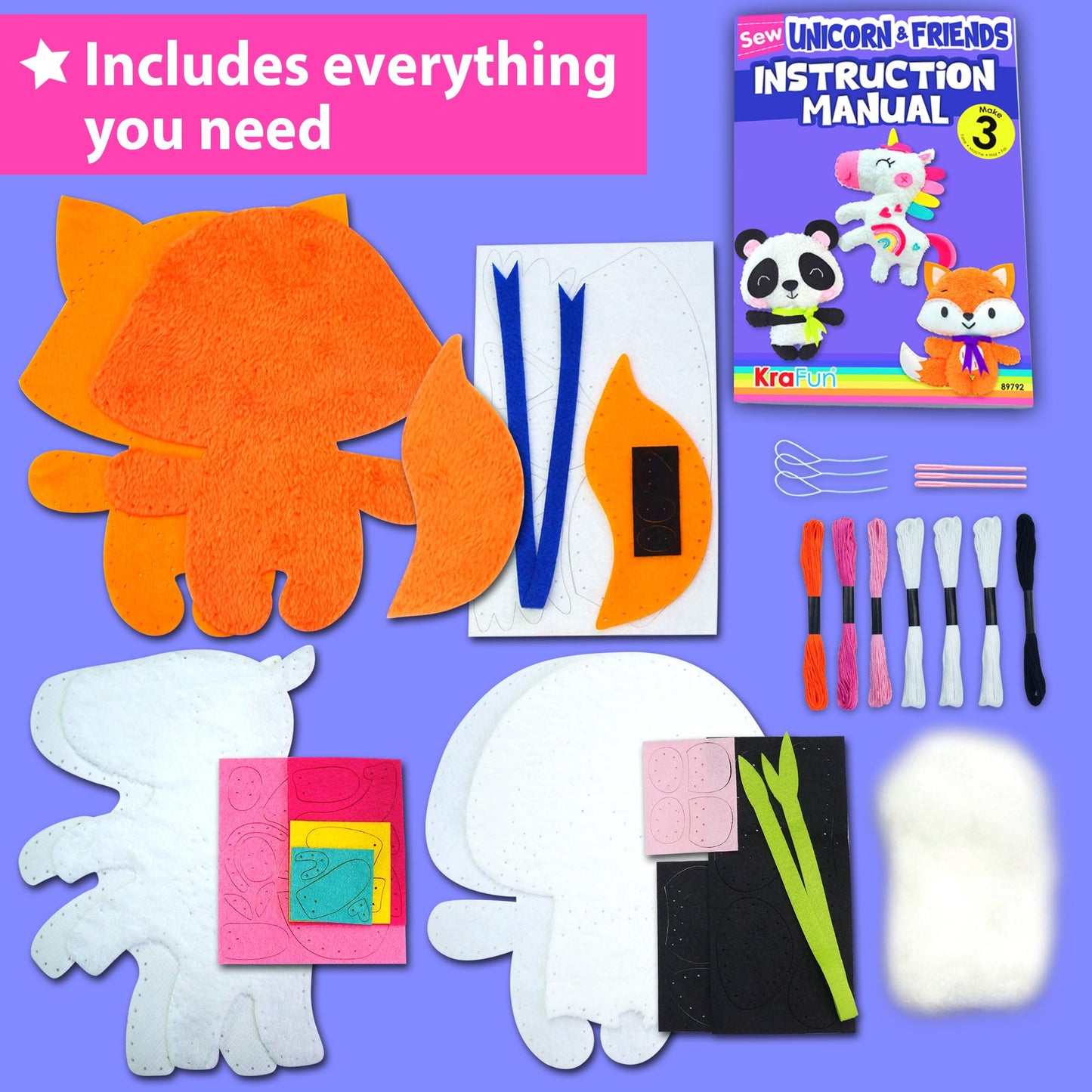 KRAFUN Unicorn Beginner Animal Sewing Kit for Kids Age 7-13 My First Art & Craft, Includes 3 Stuffed Animal Dolls Panda, Fox, Instructions & Plush Felt Materials for Learn to Sew, Embroidery
