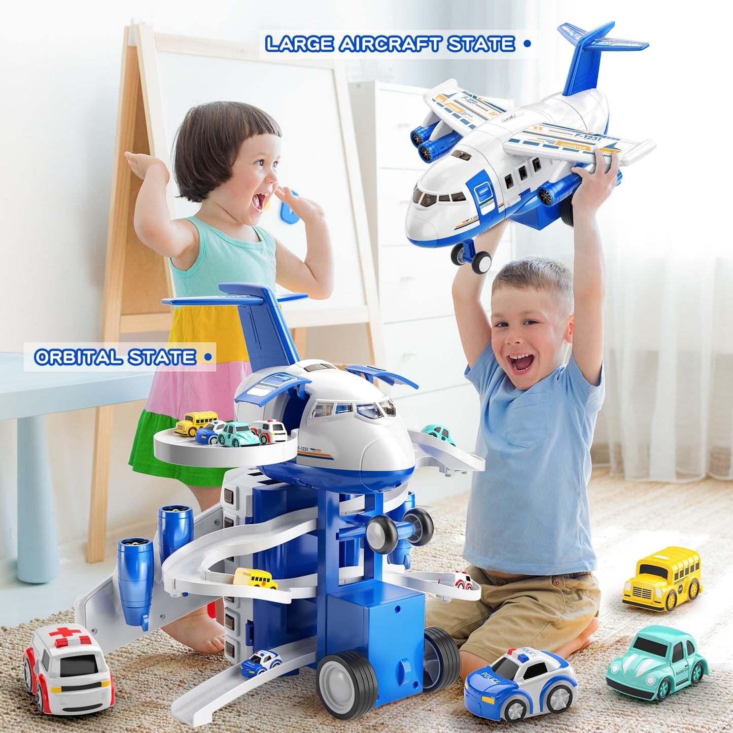 DULONIME Airplane Toys for Toddlers 3-5 - Car Race Tracks for Kids Ages 4-8 with 8 Small Car Toys, Educational Toys for Kids Ages 4-8, Birthday Gifts for Boys 3-5, Birthday Gifts for Boys Girls 4-7