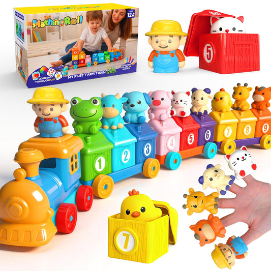 Toddler Learning Toys for 2 3 Year Old-Counting Matching & Sorting Activity Montessori Train Toys with Farm Animals Finger Puppets Birthday Gift for Baby Boys Girls