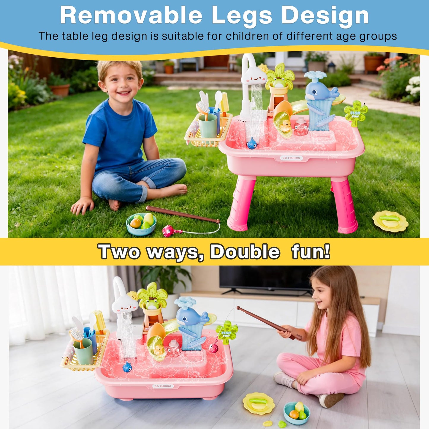 MeXYZ 2026 Upgraded Water Table for Toddler 3+, Kids Mini Play Sink Toys with Running Water & Electric Pump, Kitchen Sink Sensory Toy, Fishing Game Outdoor Water Play Table for Kids Ages 4-8, Pink
