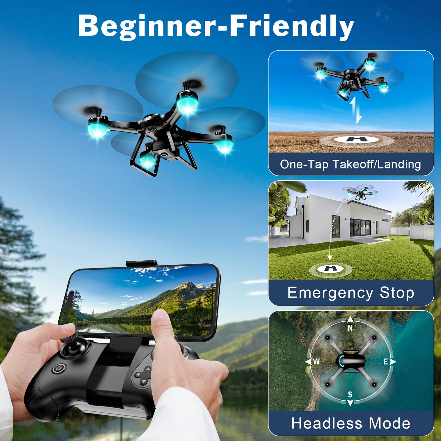 Drone with 1080P Camera, Remote Control Quadcopter with Gesture Selfie, Altitude Hold, One Key Start, 3D Flips, 2 Batteries, Black