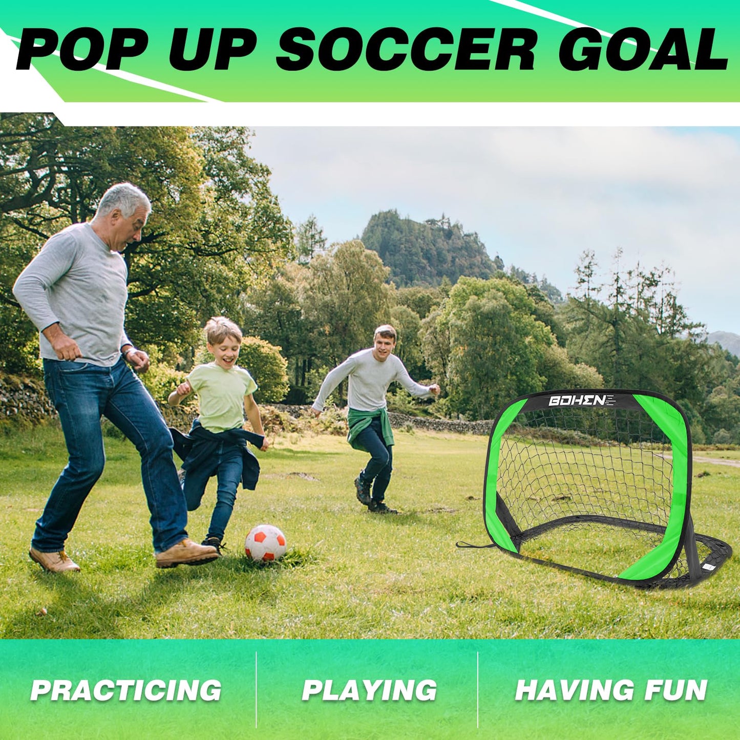 BOHEN Pop Up Soccer Goals for Kids-Foldable Portable Soccer Net for Outdoor Indoor Backyard Beach(3.3x2.2FT,Green)