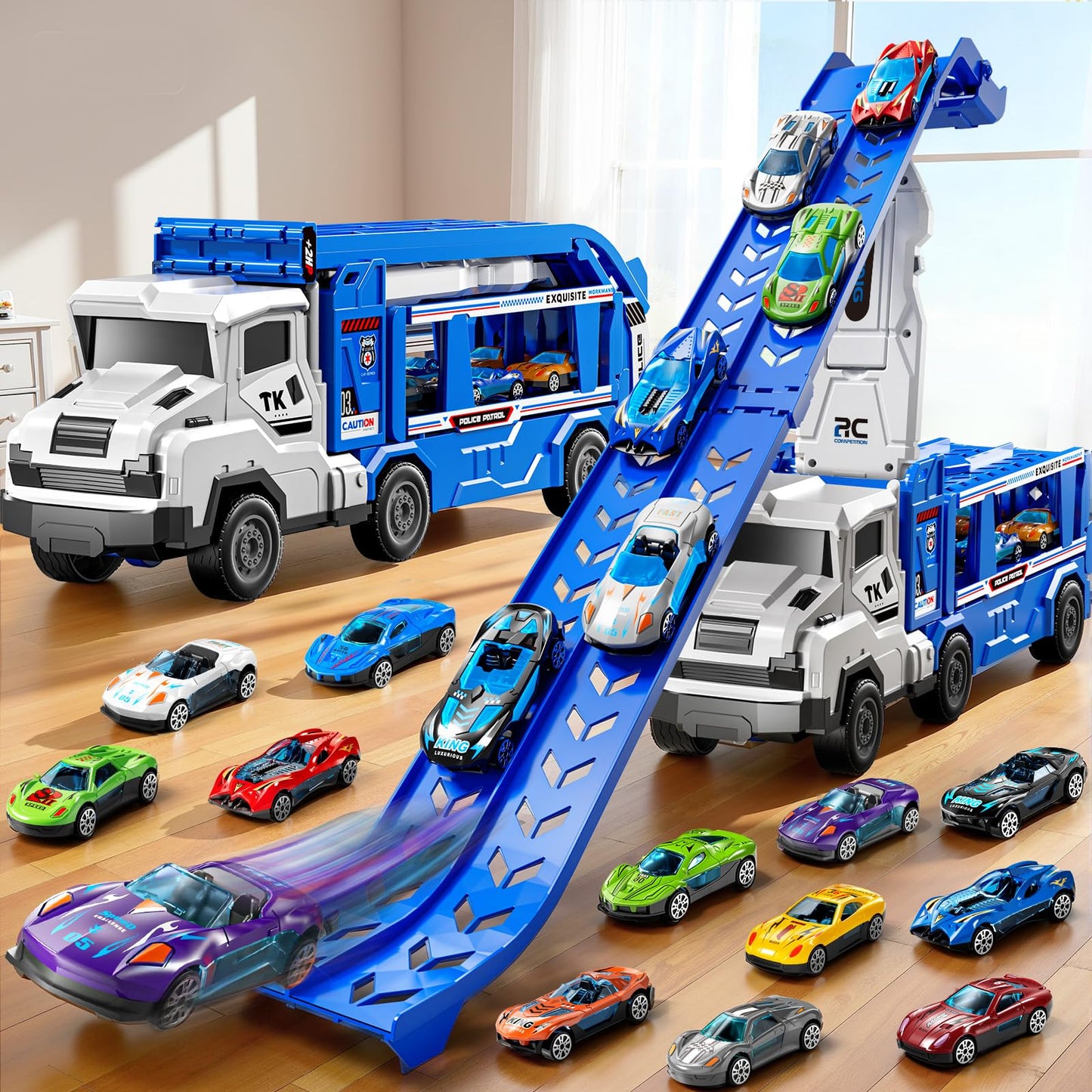 GOGIHCCH 3-in-1 Kids Carrier Truck Toy Car Tracks for Toddlers 2-4 Years Old with 12 Racing Cars Toys, Foldable Chasing Race Track and Car Garage, Car Ramps Birthday Gift for Boys Girls 3-5 4-8(Blue)