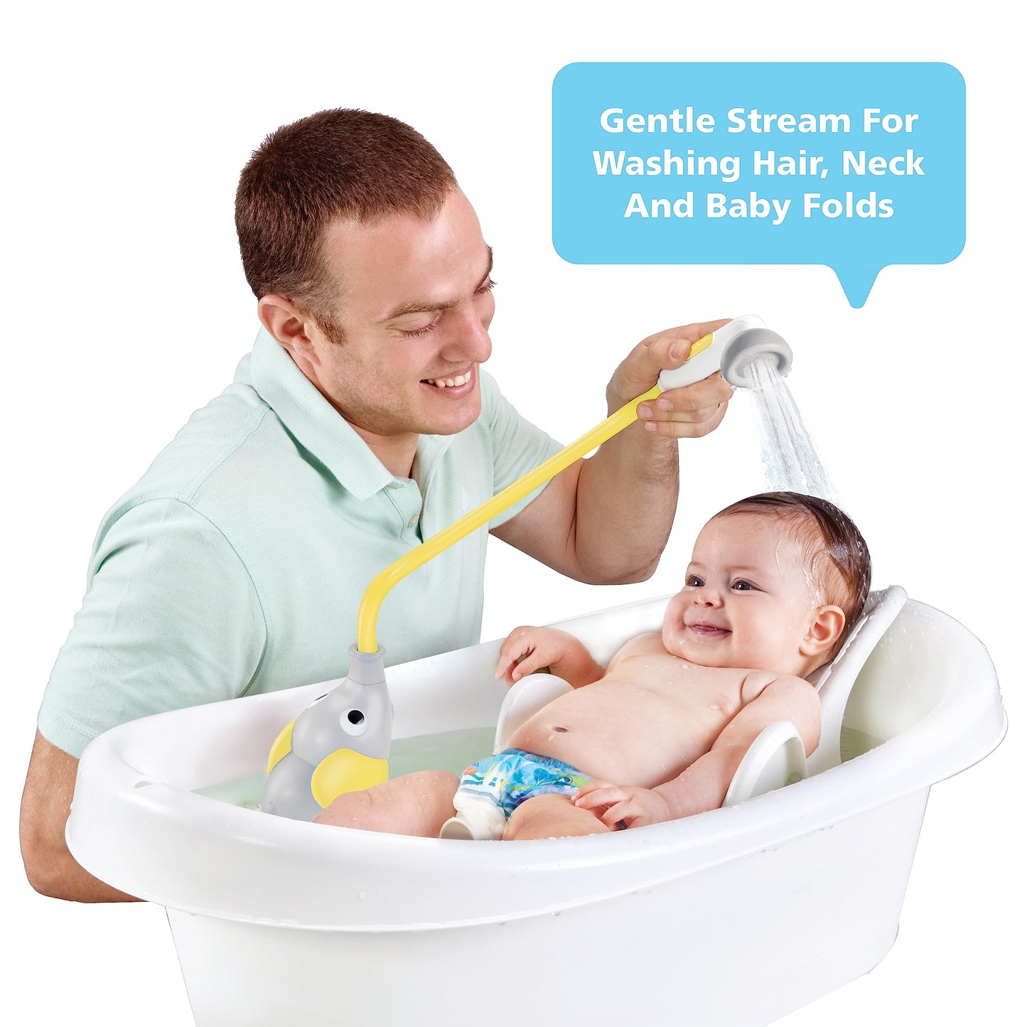 Yookidoo Baby Bath Shower Head - Elephant Water Pump and Trunk Spout Sprayer and Rinser-Control Water Flow from 2 Knobs Baby Bath Time Essentials for Newborn Babies in Tub Or Sink (Yellow)