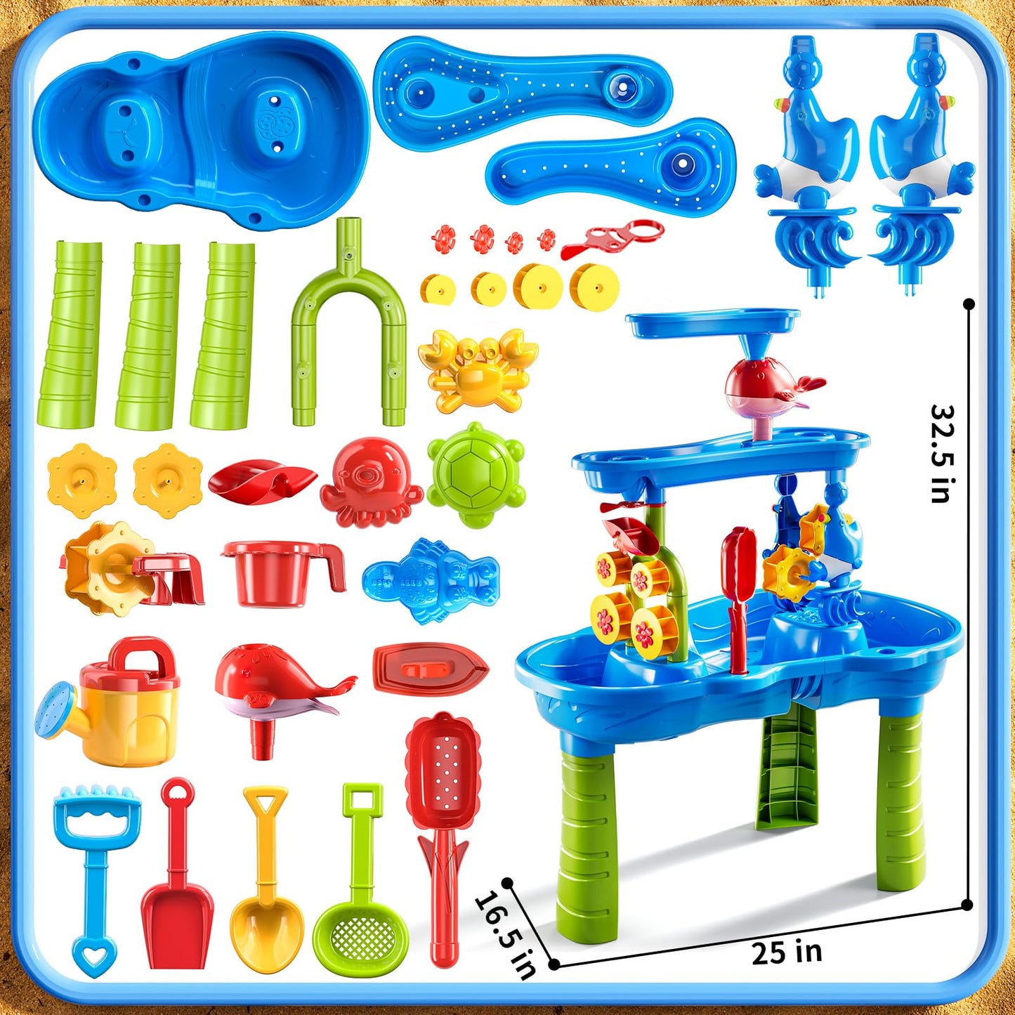 DULONIME 3-Tier Sand and Water Table Toys for Kids Aged 3 4 5 6 7 8, Water Waterfall Sensory Play Table with Beach Toys Accessories, Outdoor Activity Playset for Toddlers 2-4 3-5 4-6, Birthday Gifts