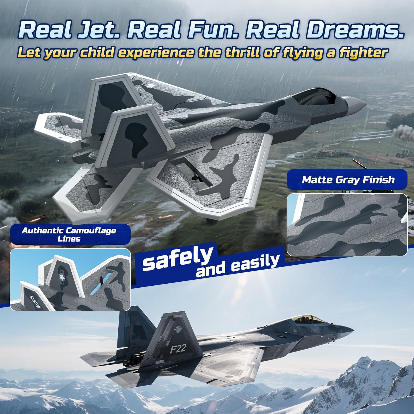 DEERC 2CH F22 Raptor RC Plane wiht Lights,Remote Control Airplane Fighter Toys,2.4GHz 6-axis Gyro Stabilizer RTF Glider Aircraft Jet Plane with 3 Batteries,Easy to Fly for Boys Adults