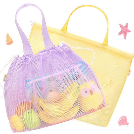 Tagitary Beach Toys Kids Beach Bag Tote with Drawstring,Yellow Purple Mesh Bag Travel Beach Essentials for Kids Swim Pool Gym Bag Camping Accessories Toys Storage Lightweight Foldable Birthday Gifts