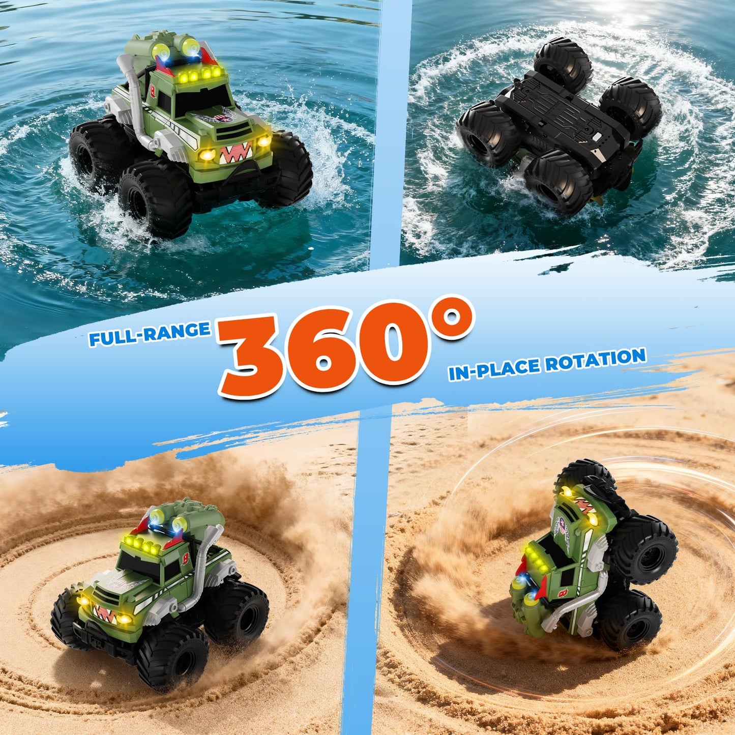 UFOLED Remote Control Car, Waterproof Monster Truck Toys RC Cars for Boys, 1:18 Amphibious 4WD All Terrain Off-Road Pickup Toy Trucks, Christmas Birthday Gift Boys Girls Kids Ages 6 7 8-12 Years Old