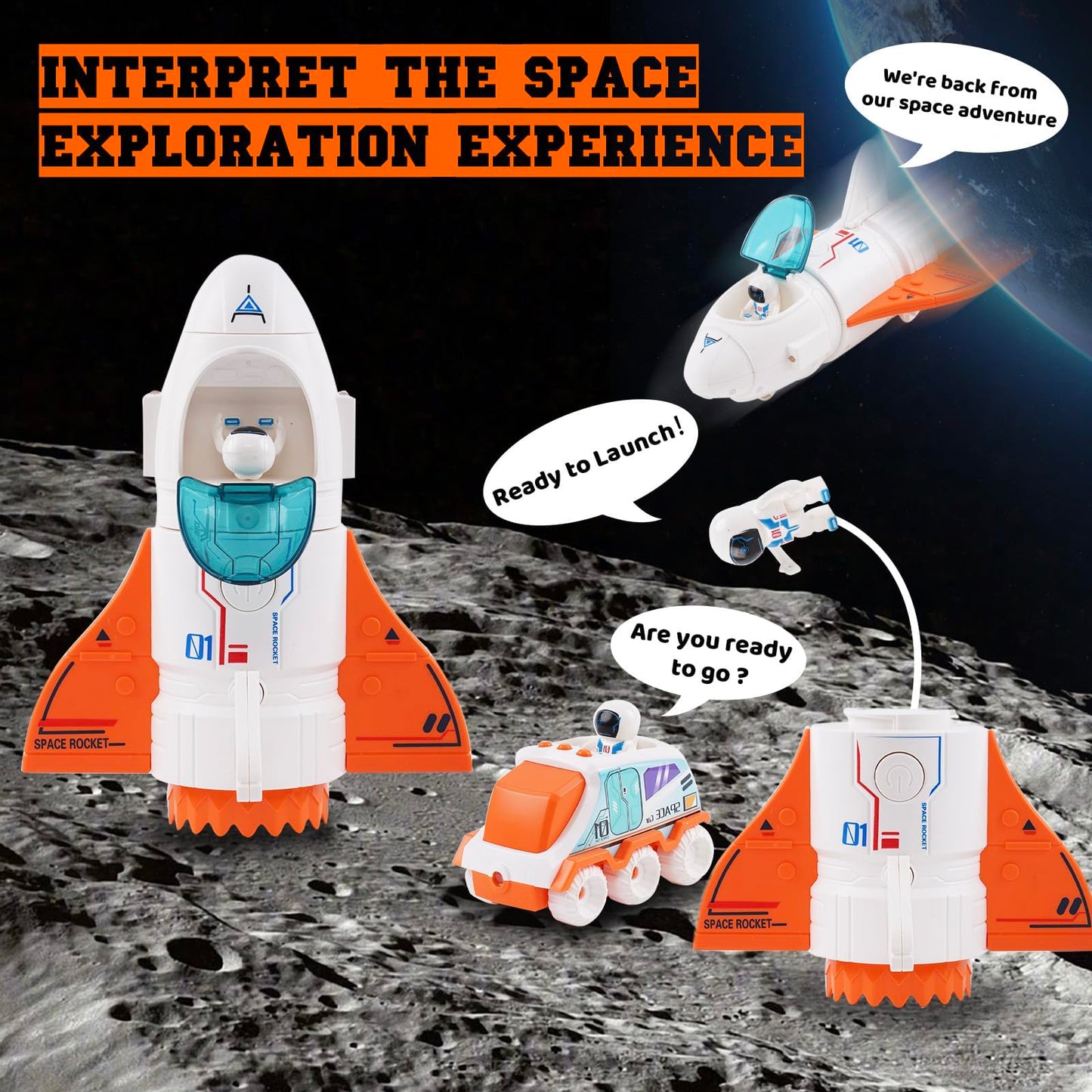 Jomifin Spaceship Toy for Boys Girls, Space Shuttle Toys with Lights and Sound, 3 Astronauts Figure, Openable Cockpit, Spray Exhaust, Astro Venture Space Playset with Lunar car (Orange)
