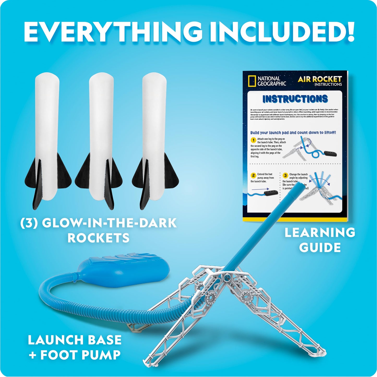 National Geographic Air Rocket Launcher Science Kit – Jump & Launch Glow-in-the-Dark Foam Rockets up to 100 Feet, Outdoor Toys for Kids 8–12, Backyard STEM Activity with Adjustable Launch Base