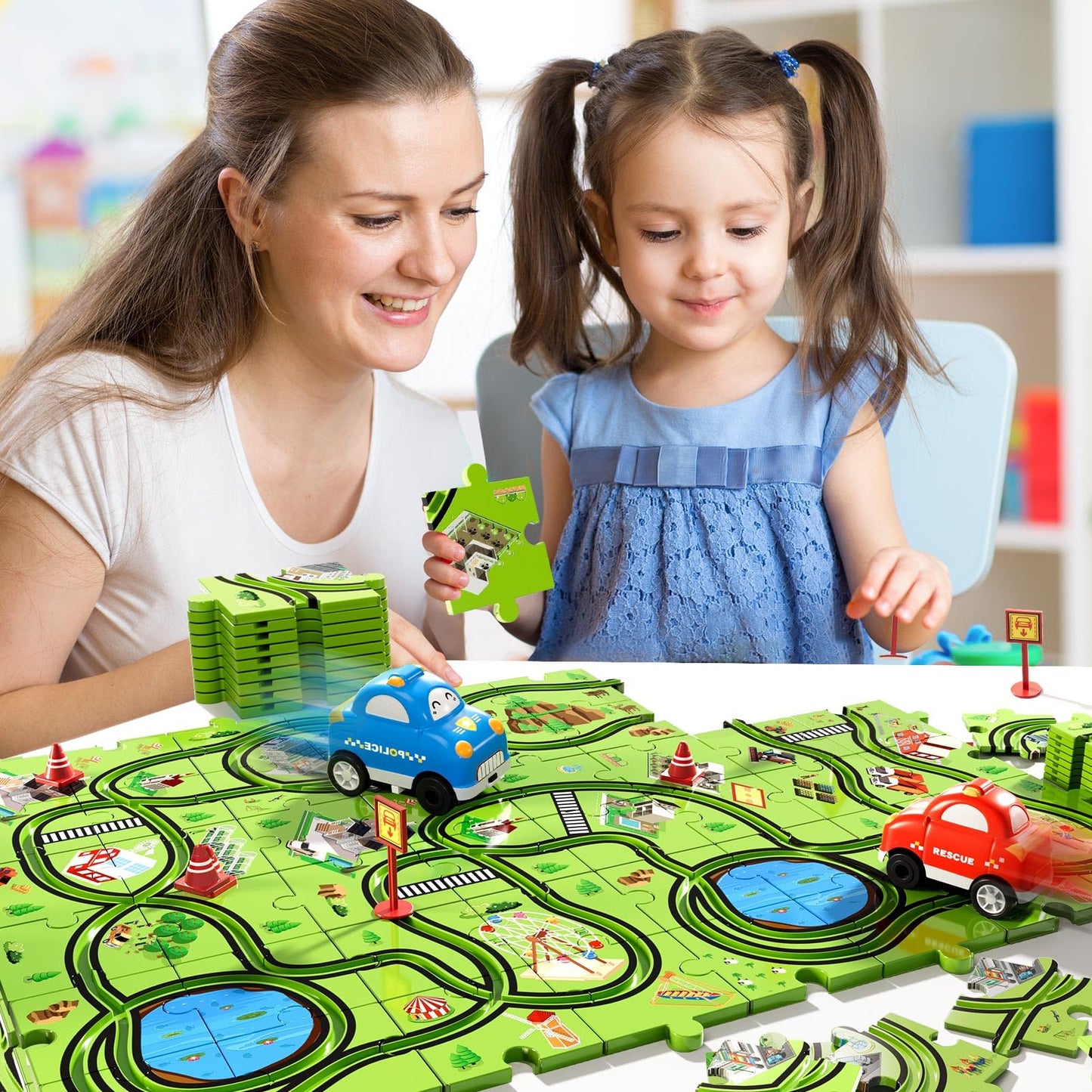 Beby Buty 48PCS Puzzle Race Track Car Set for Toddlers Kids Boys, Toddler Toys Birthday Gifts for 3 4 5 6 Years Old Boys and Girls, Floor Puzzle Tracks Car Toys for Ages 3-5 4-6