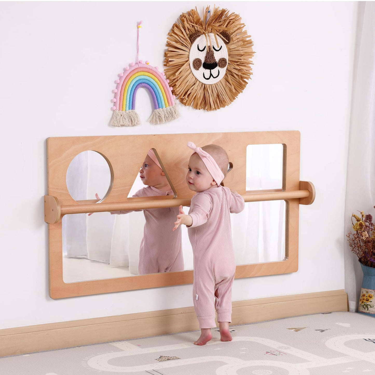Bolocon Baby Early Learning Shatter-Resistant Safety Mirrors w/Pull Up Bar, Infants Exploration Set, Toddlers Montessori Classroom Furniture for Daycare, Preschool and Nursery (Natural, Standard)