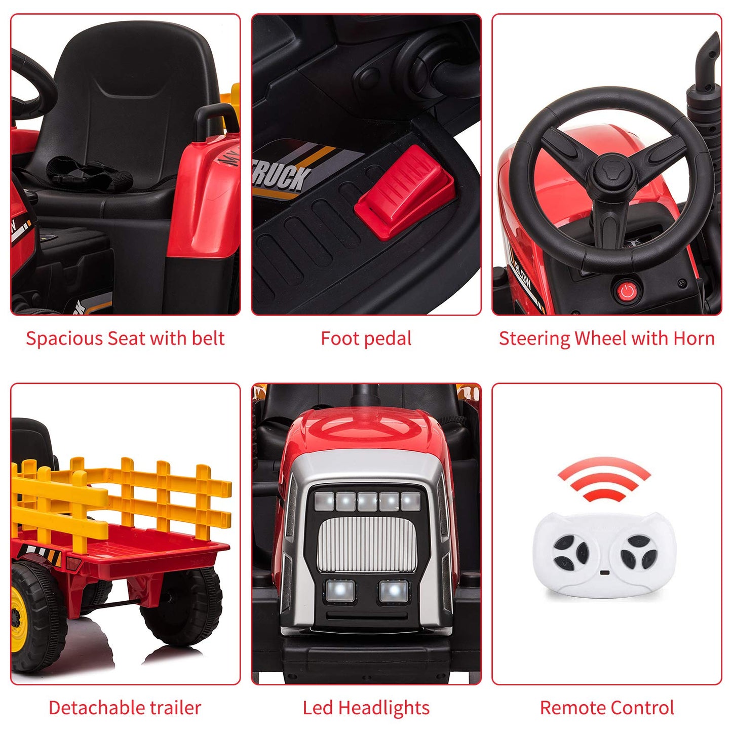 Nasitip 12V Kids Battery Powered Electric Tractor with Trailer, Toddler Ride On Car w/Remote Control/ 7-LED Headlights/ 2+1 Gear Shift/Horn/ MP3 Player/USB Port (RED, 25W/ Tread Tire)
