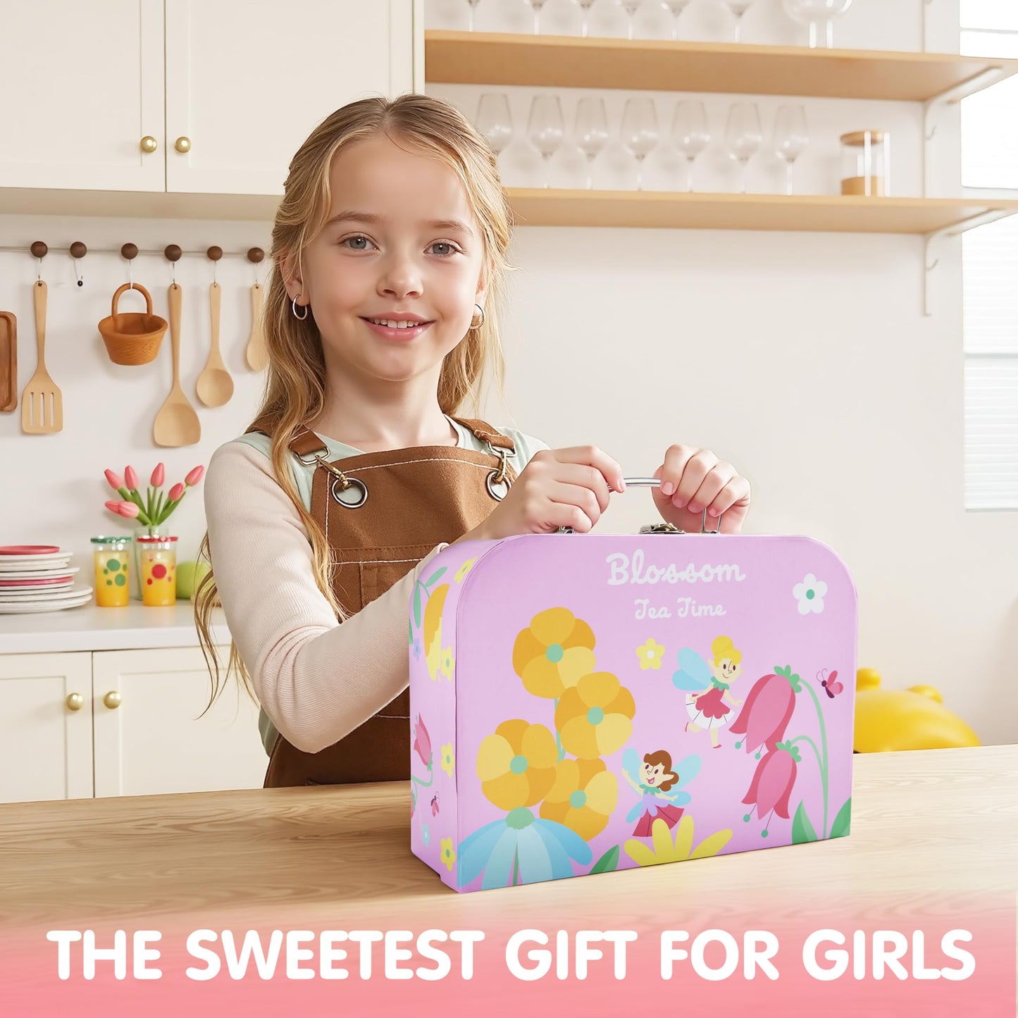 JOYIN Fairy Blossom Tea Party Set for Little Girls, Pretend Pink Tin Teapot Set, Princess Tea Time Play Kitchen Toy with Teapot, Cup, Plate, Carrying Case for Kids Toddlers Age 3 4 5 6