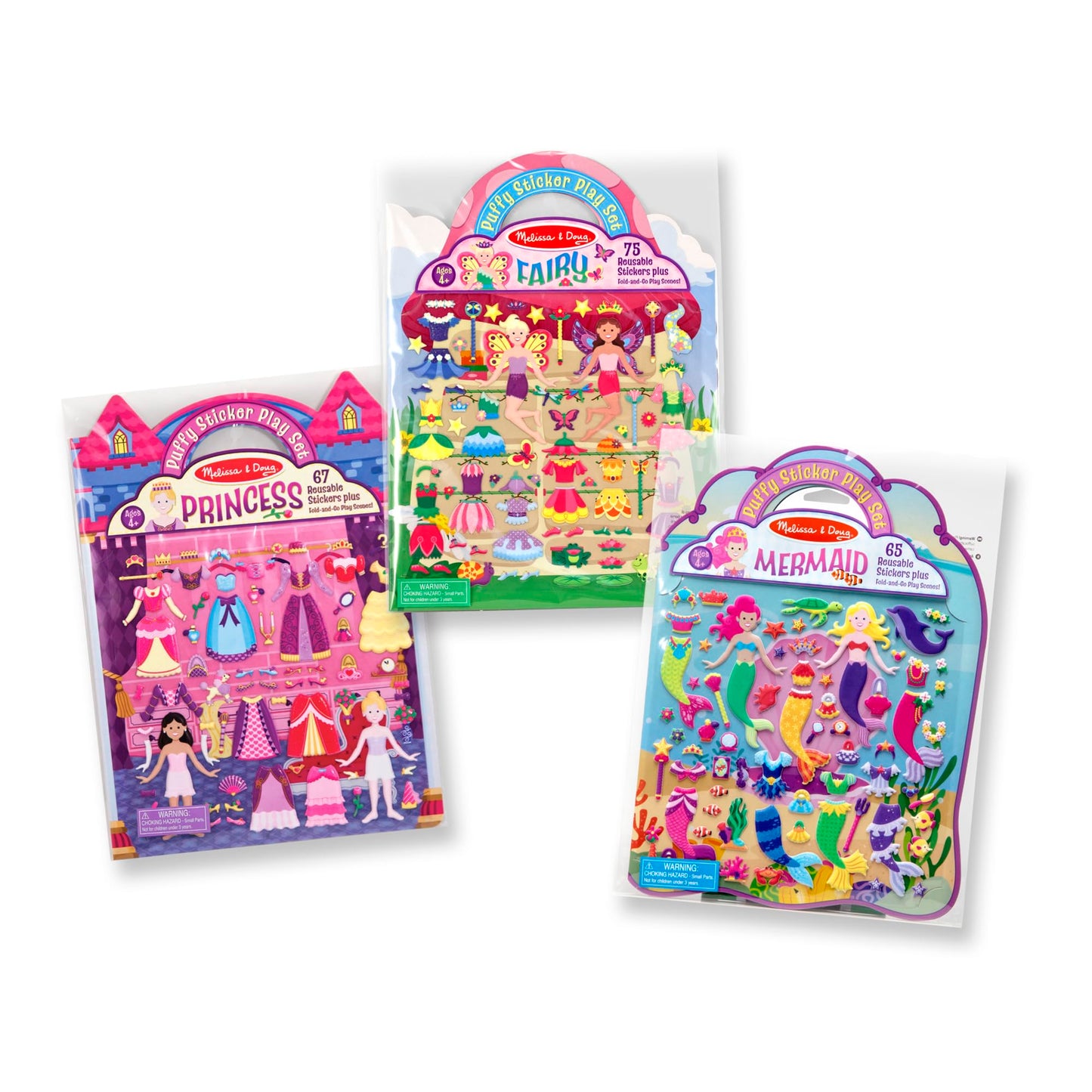 Melissa & Doug Puffy Sticker Activity Books Set of 3 – Princess, Mermaid & Fairy, with 207 Reusable Puffy Stickers and Fold-Out Scenes, Mess Free Play Set & Travel Toys for Kids Ages 4+