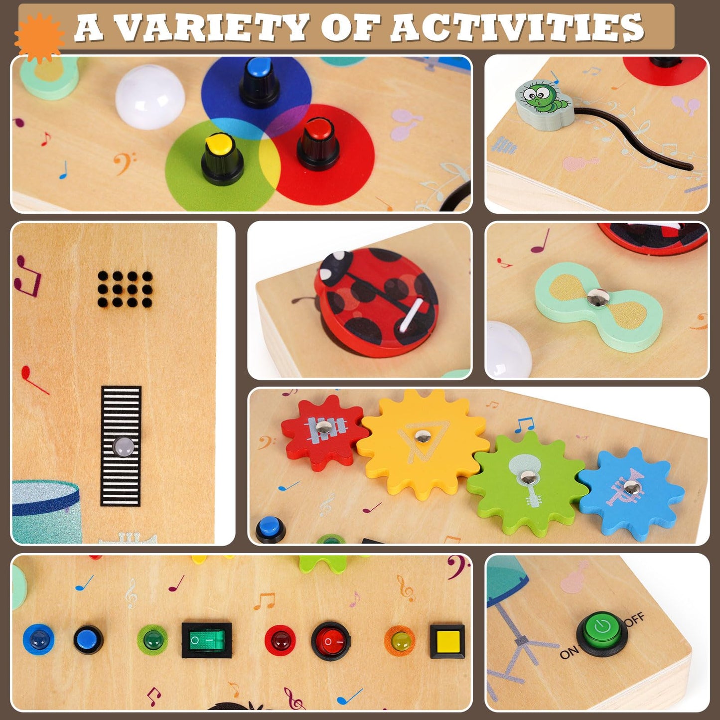 Montessori Busy Board for Toddlers,Wooden Sensory Toys with Wooden Drum Musical Toy,LED Lights,Switches,Learning ActivityBoard for Fine Motor Skills, Travel Toy Fidget Board for Baby Boy & Girl