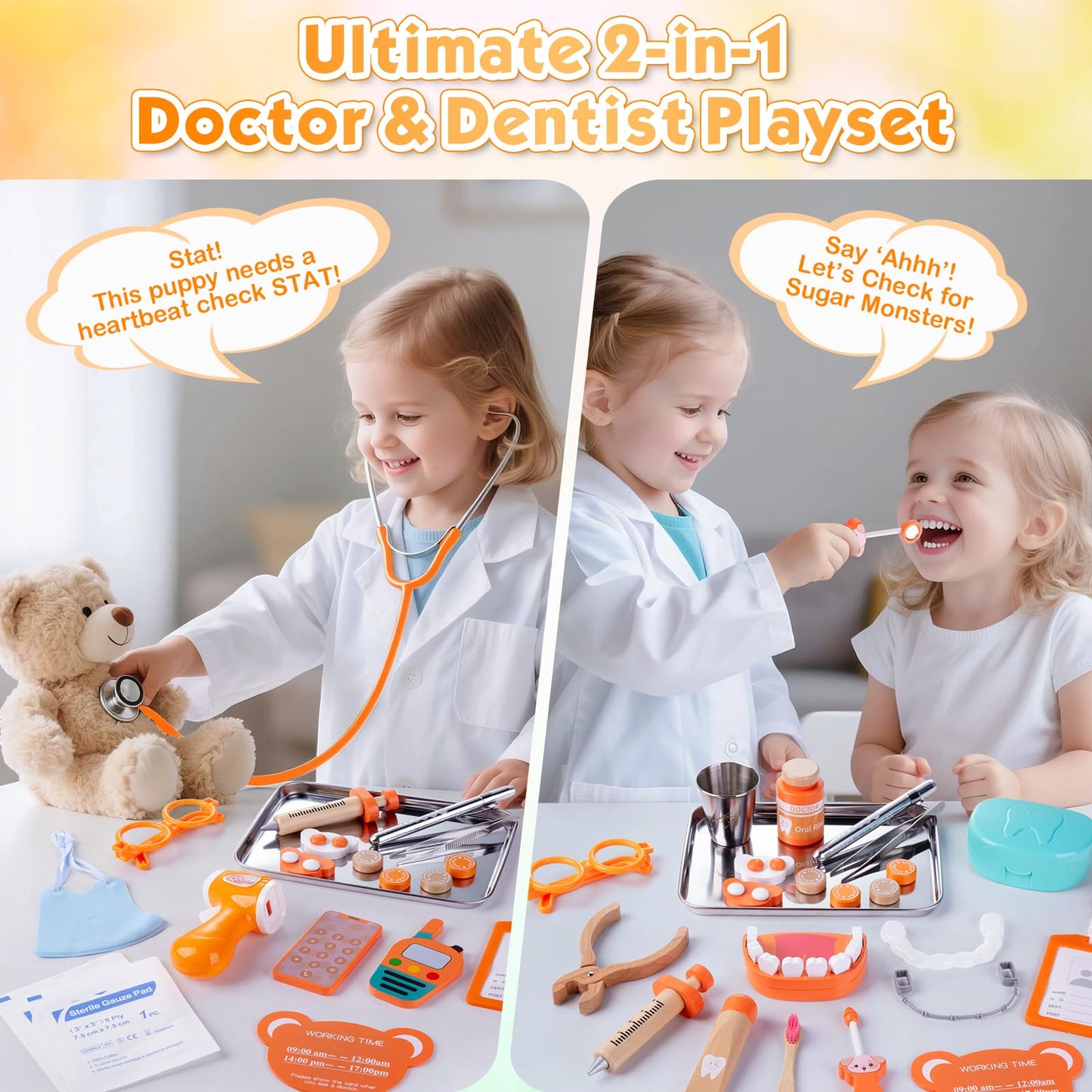 Kids Dentist Play Set, Wooden Doctor Kit for Toddlers 3-5 with Real Stethoscope, Removable Teeth, Braces & Storage Bag, Pretend Play Dental Playset Medical Kits Toys Gifts for 3 4 Year Old Girls