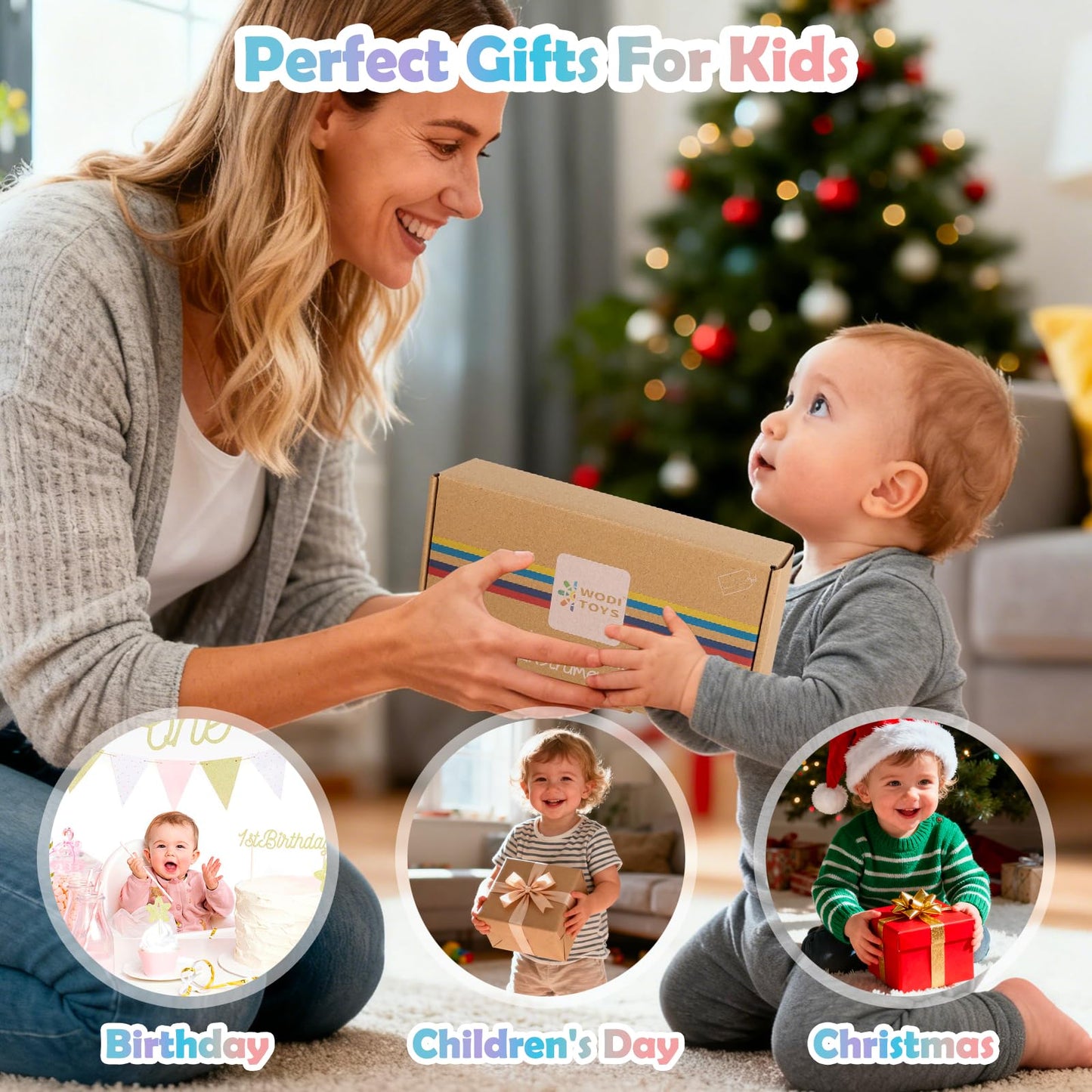 Montessori Wooden Baby Toys 7-in-1 Sensory Set for Babies 0–12 Months, Rain Sound Tube & Rattle Roller, Sensory Musical Gift for Baby Boys and Girls with Storage Bag