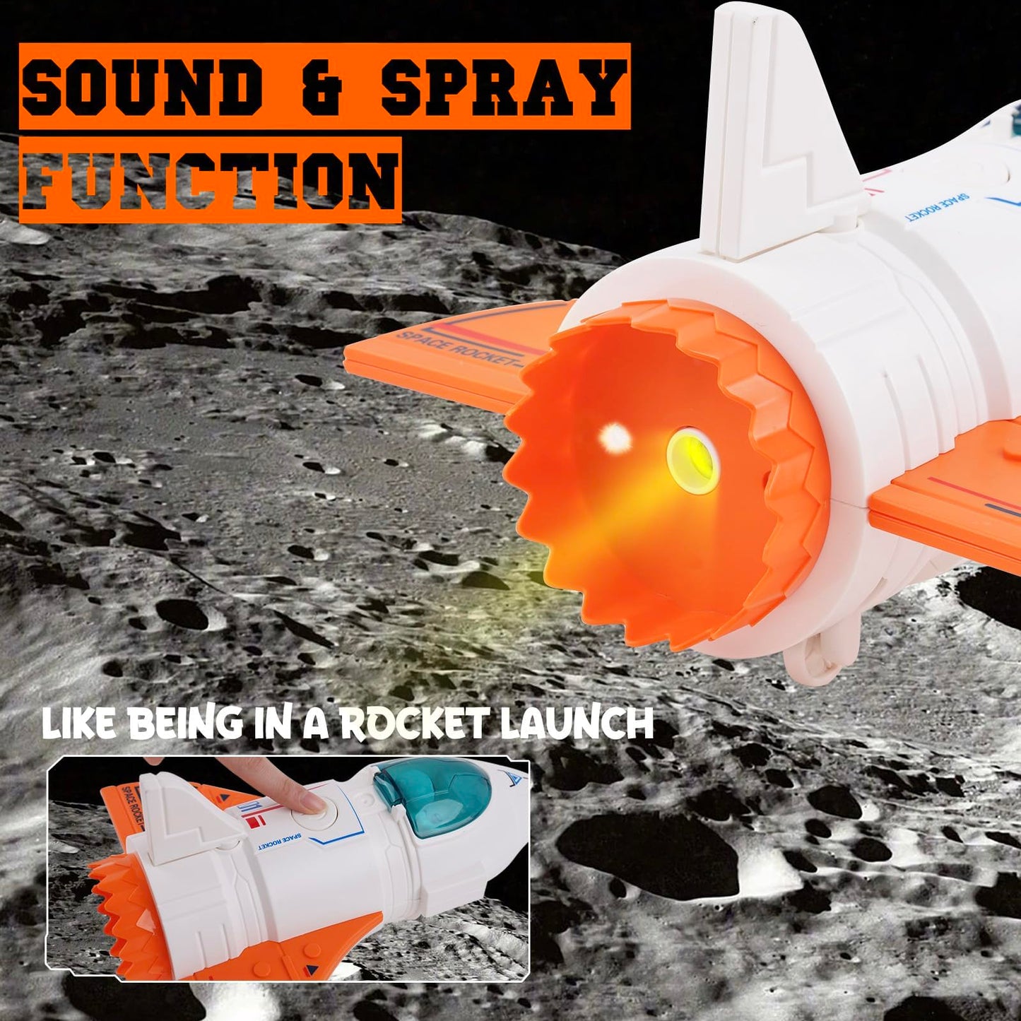 Jomifin Spaceship Toy for Boys Girls, Space Shuttle Toys with Lights and Sound, 3 Astronauts Figure, Openable Cockpit, Spray Exhaust, Astro Venture Space Playset with Lunar car (Orange)