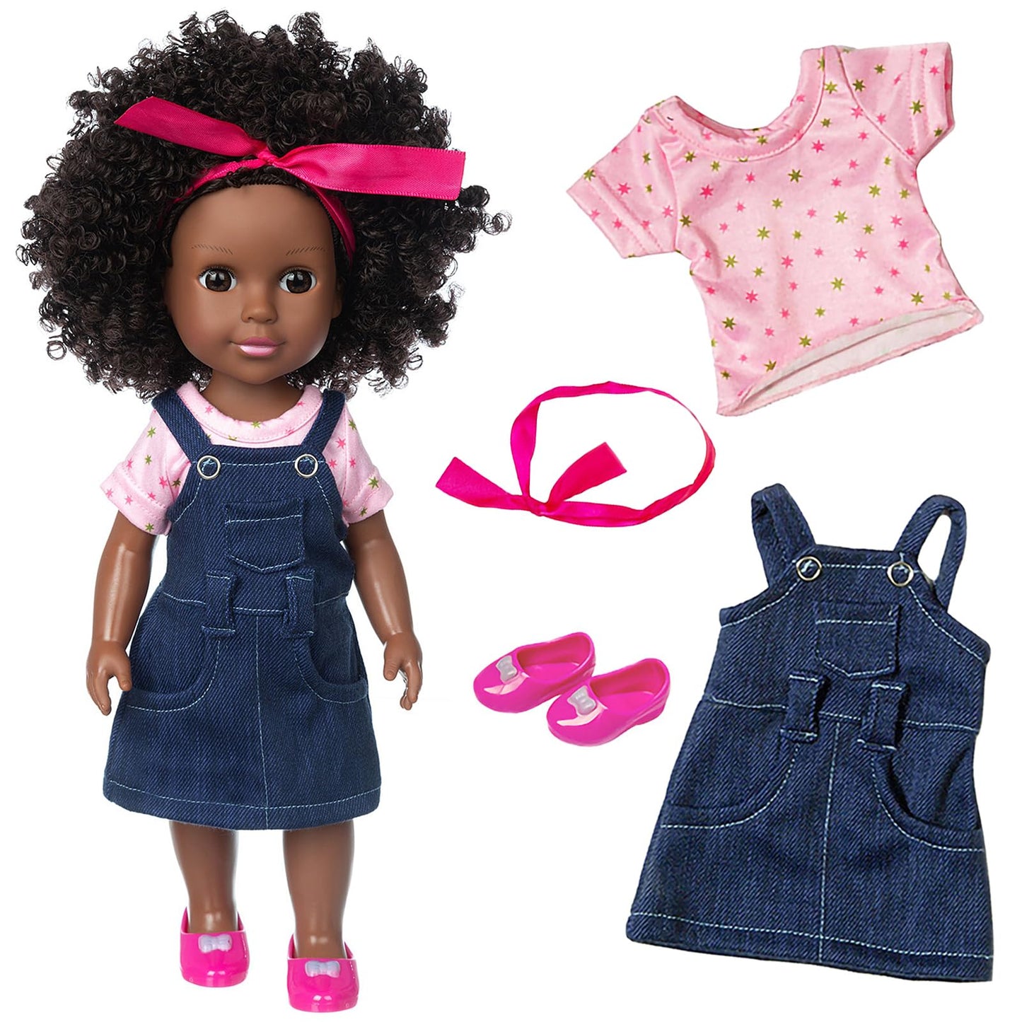 Ecore Fun 14.5" African Baby Girl Doll with Clothes Set - Washable Realistic Silicone Toy - Best Gift for Kids