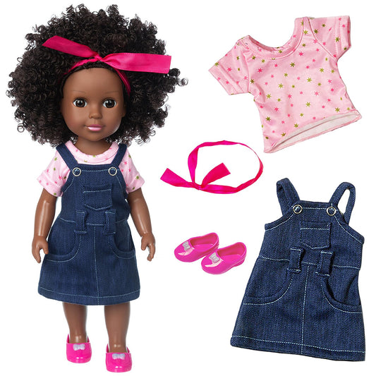 Ecore Fun 14.5" African Baby Girl Doll with Clothes Set - Washable Realistic Silicone Toy - Best Gift for Kids